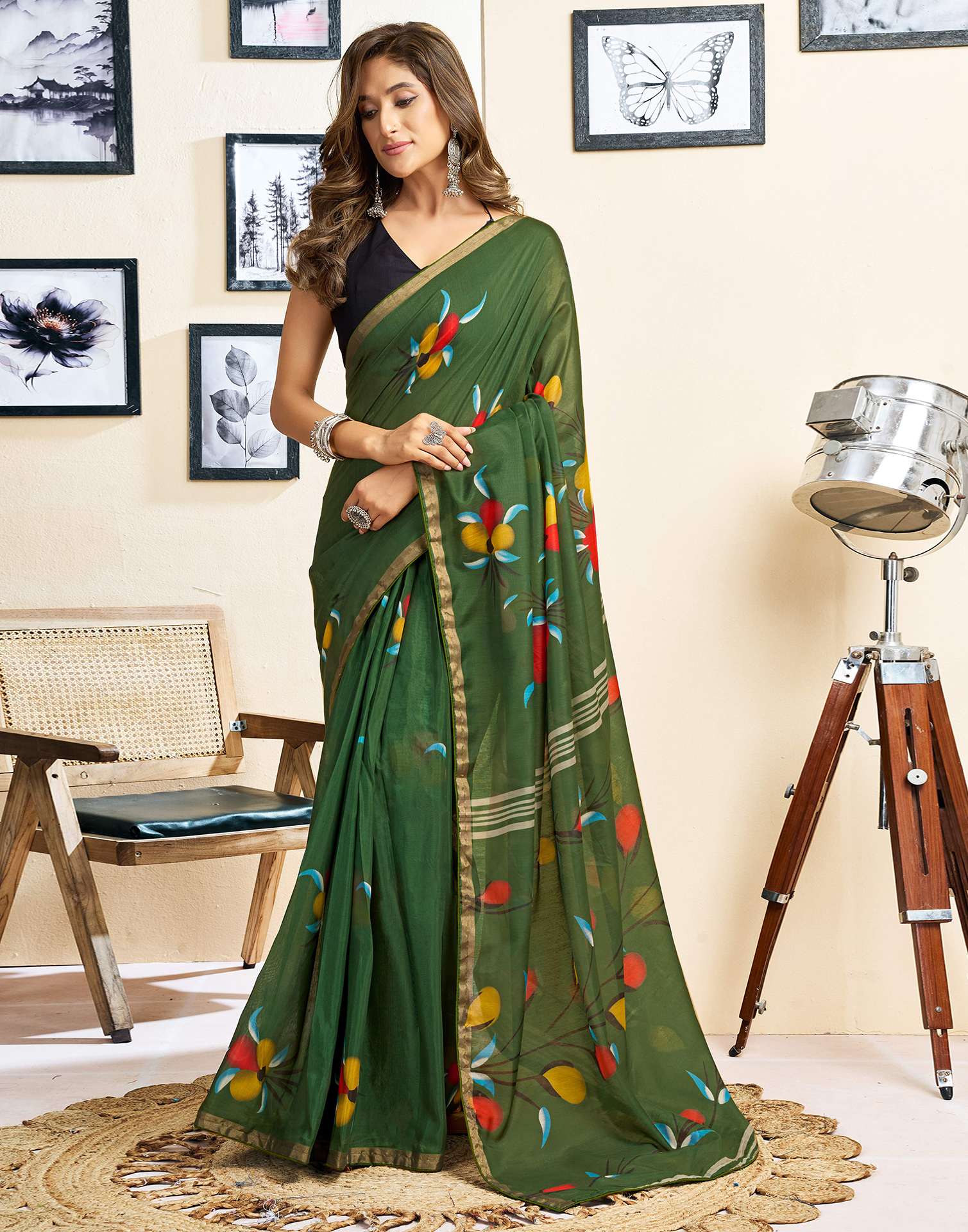Ready To Wear Green Linen Floral Printed Saree - Image 5