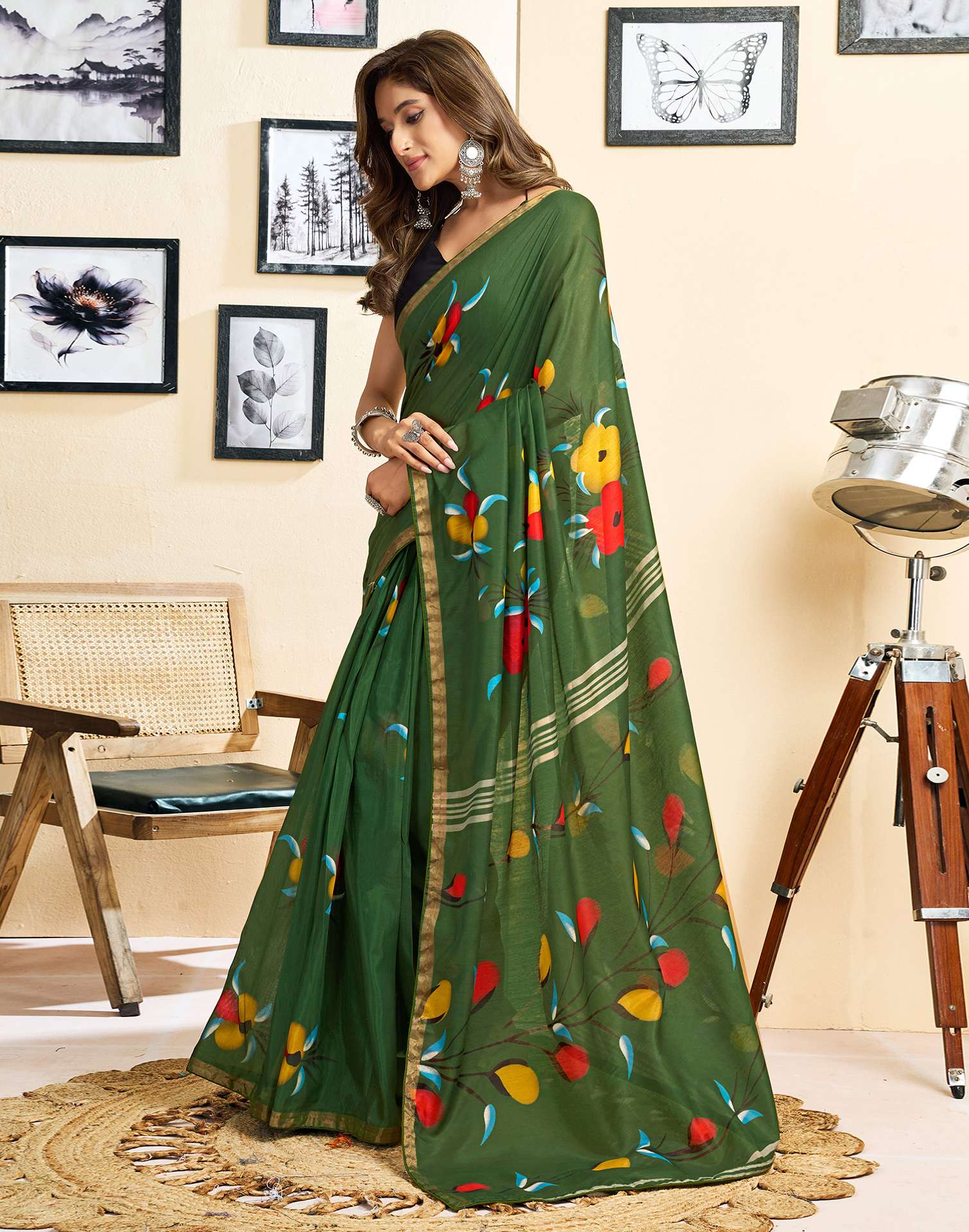 Ready To Wear Green Linen Floral Printed Saree - Image 6