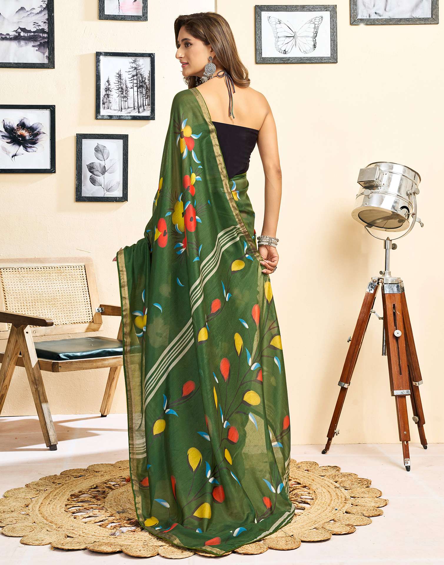 Ready To Wear Green Linen Floral Printed Saree - Image 8