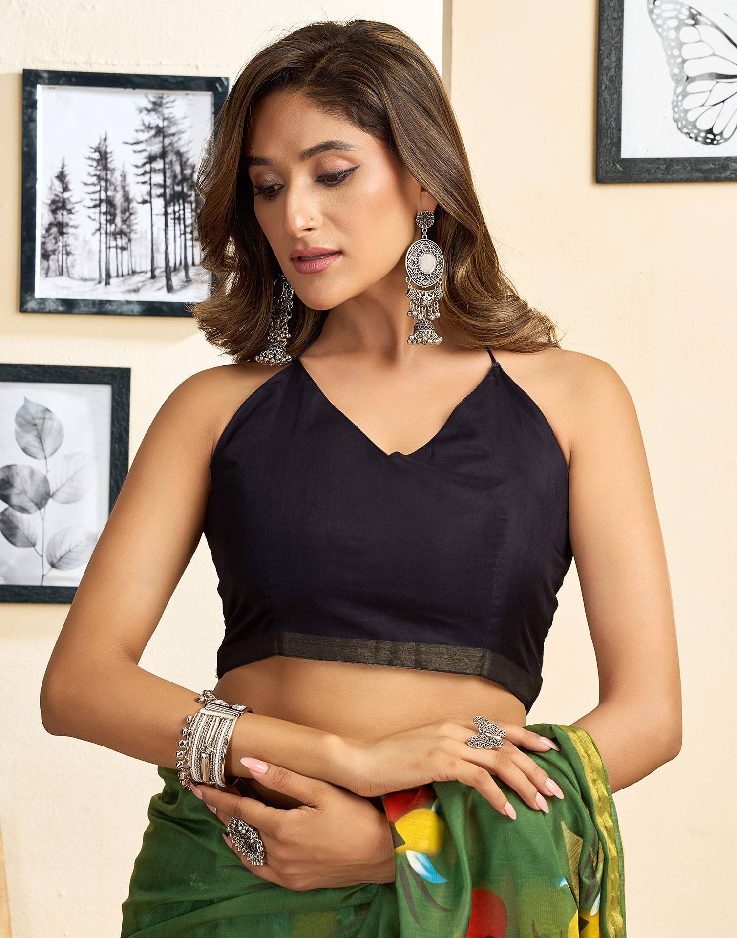 Ready To Wear Green Linen Floral Printed Saree - Image 9