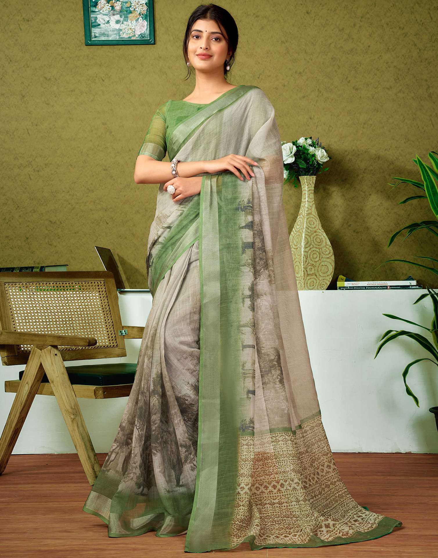 Ready To Wear Green Linen Printed Saree