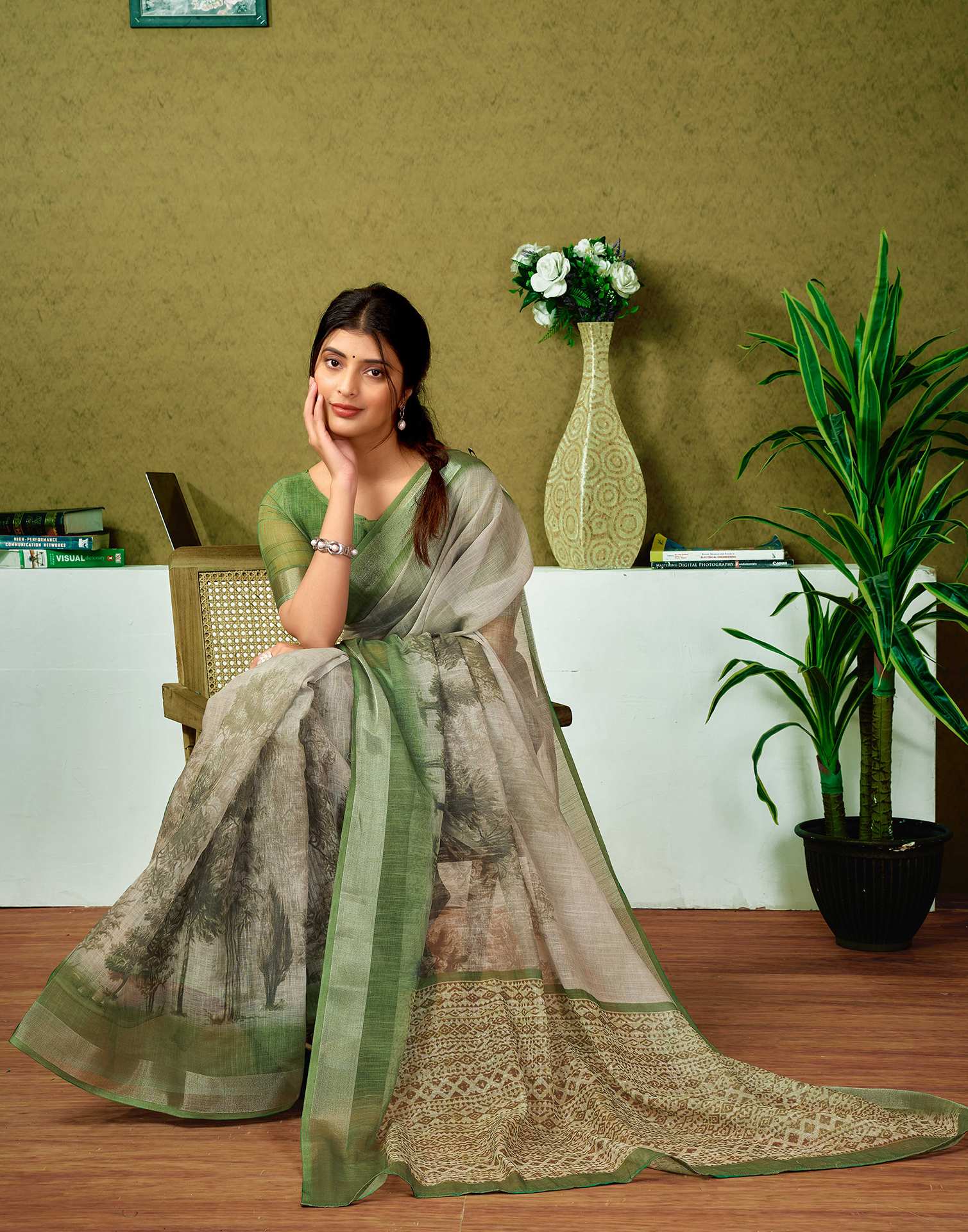 Ready To Wear Green Linen Printed Saree - Image 6