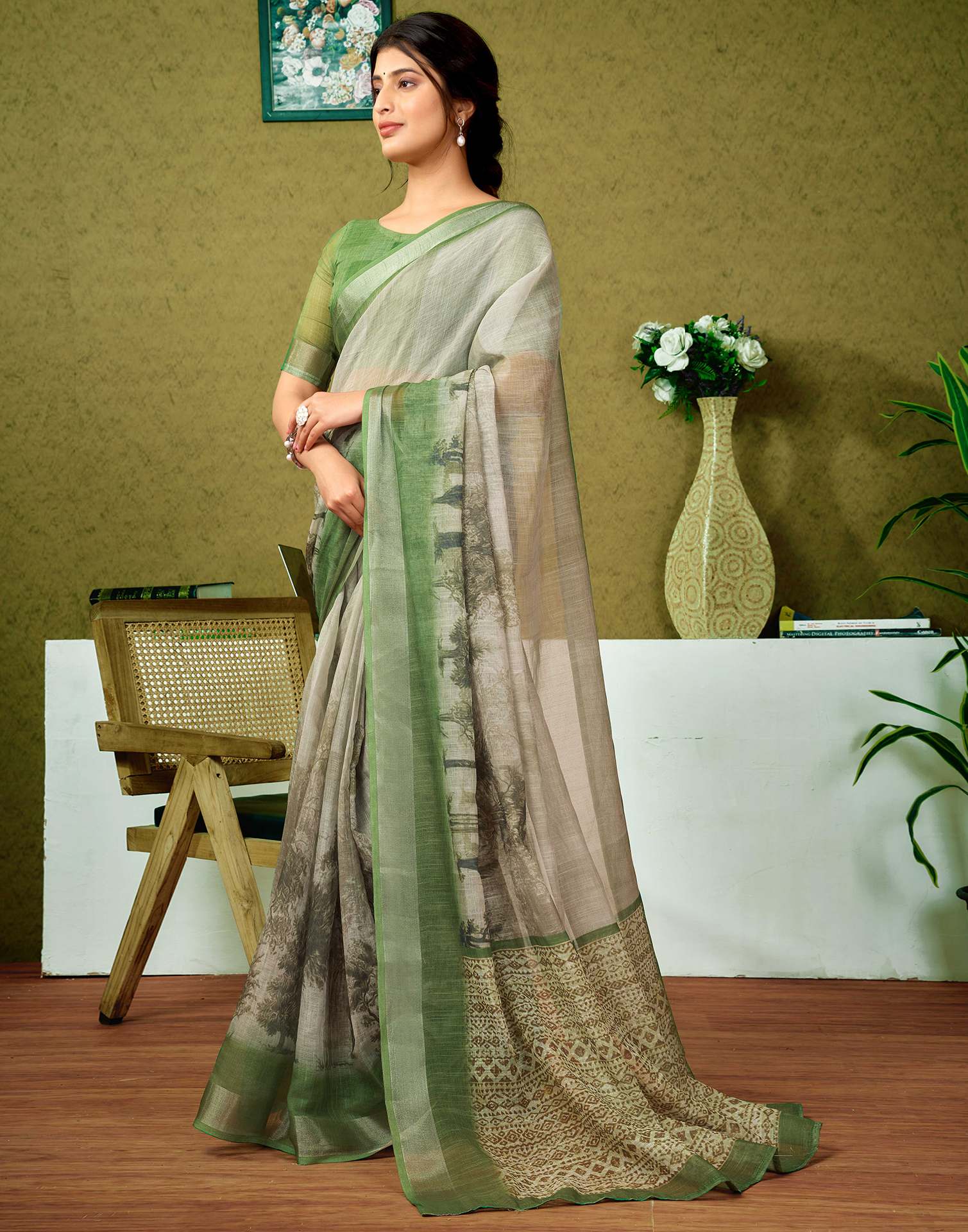 Ready To Wear Green Linen Printed Saree - Image 7