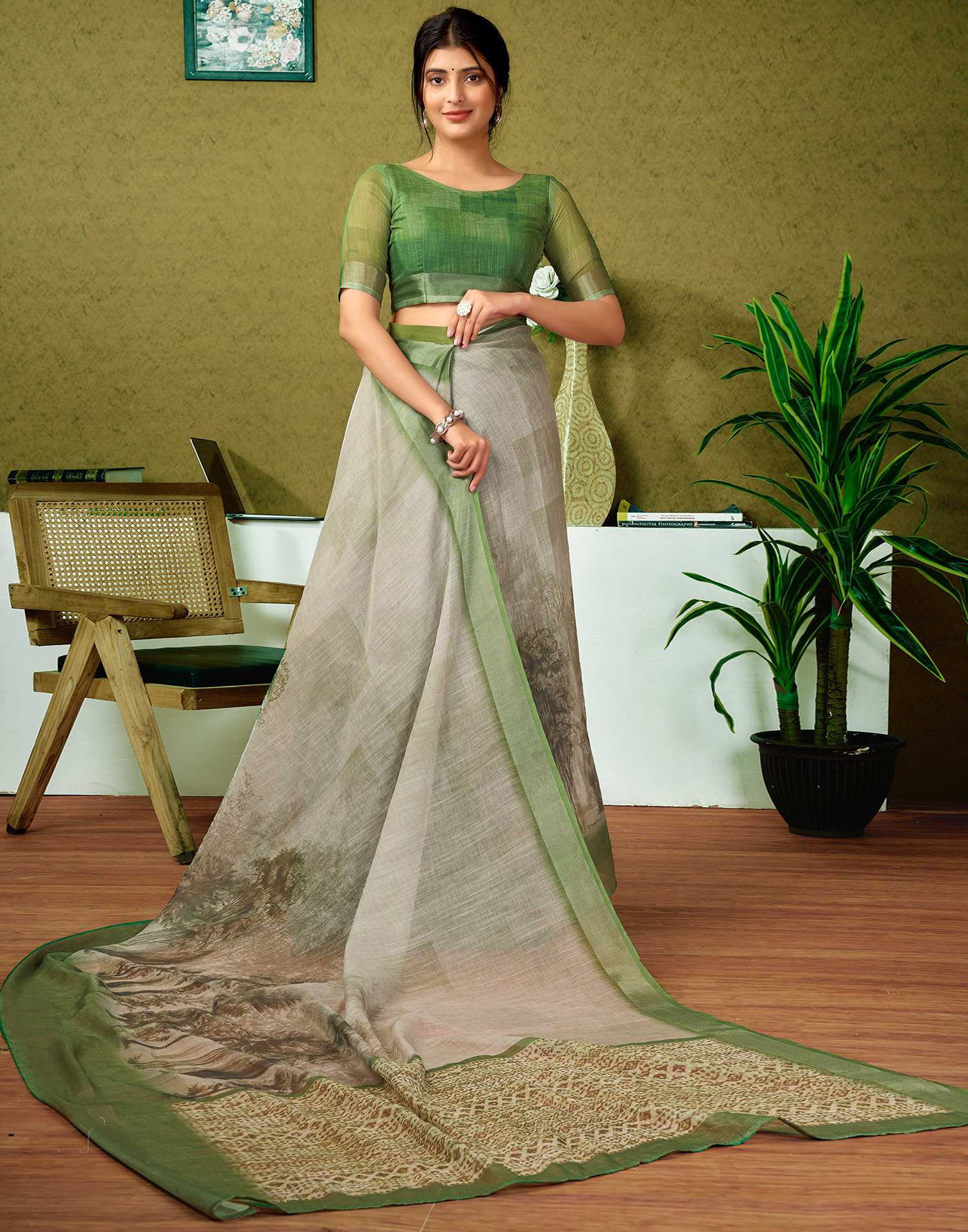 Ready To Wear Green Linen Printed Saree - Image 8