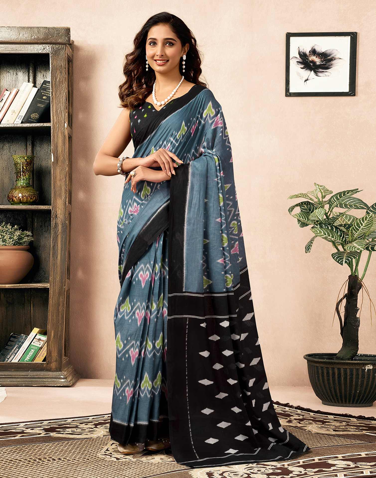 Ready To Wear Grey Cotton Ikkat Printed Saree - Image 2