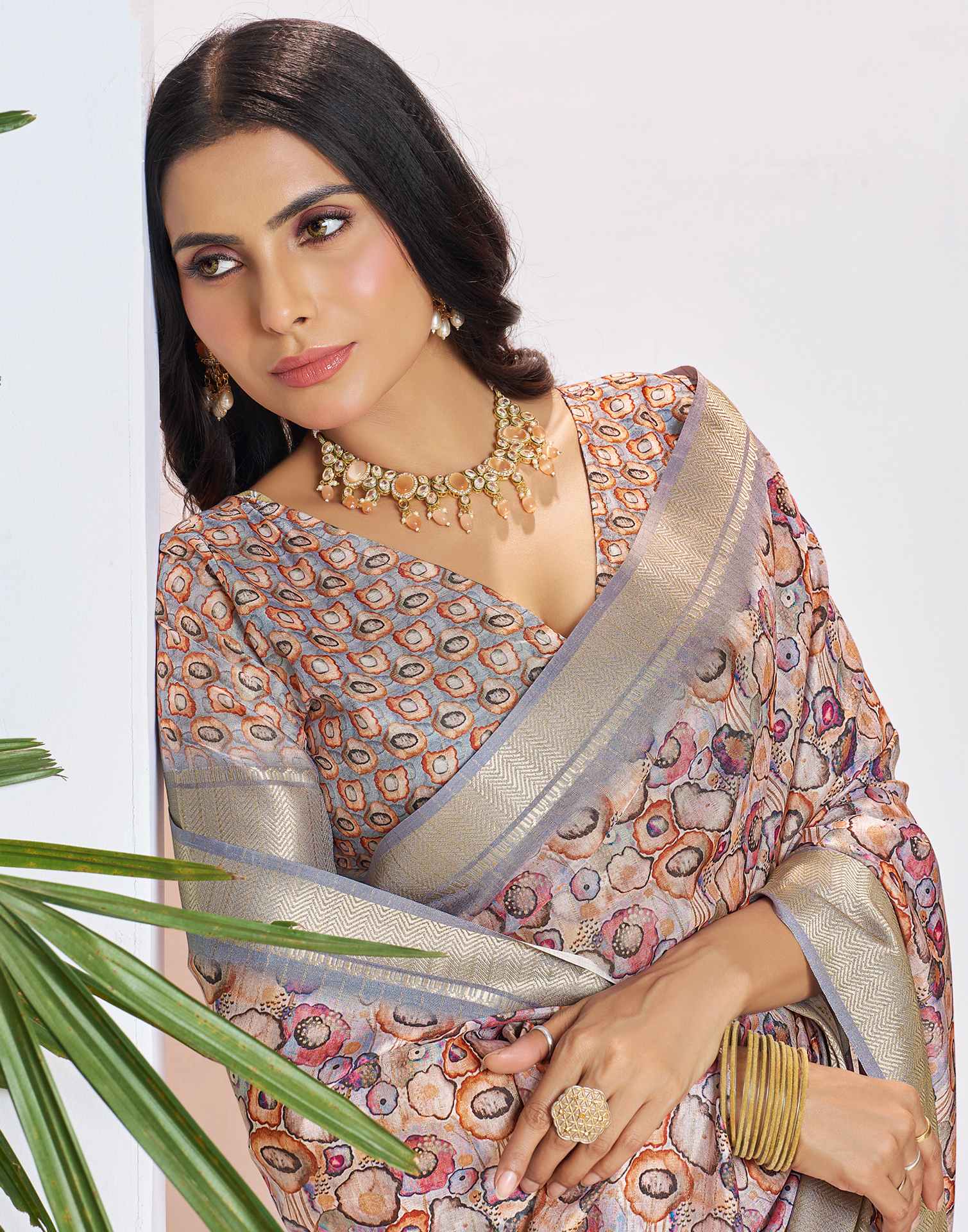 Ready To Wear Grey Dola Silk Printed Saree - Image 4