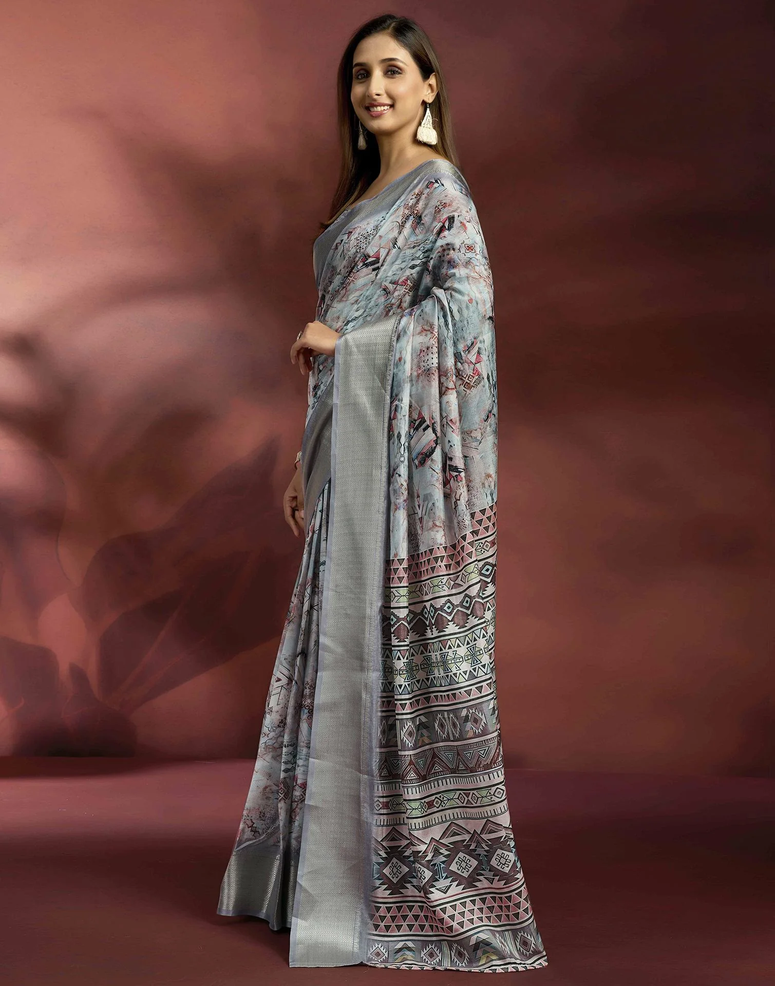 Ready To Wear Grey Dola Silk Printed Saree - Image 5