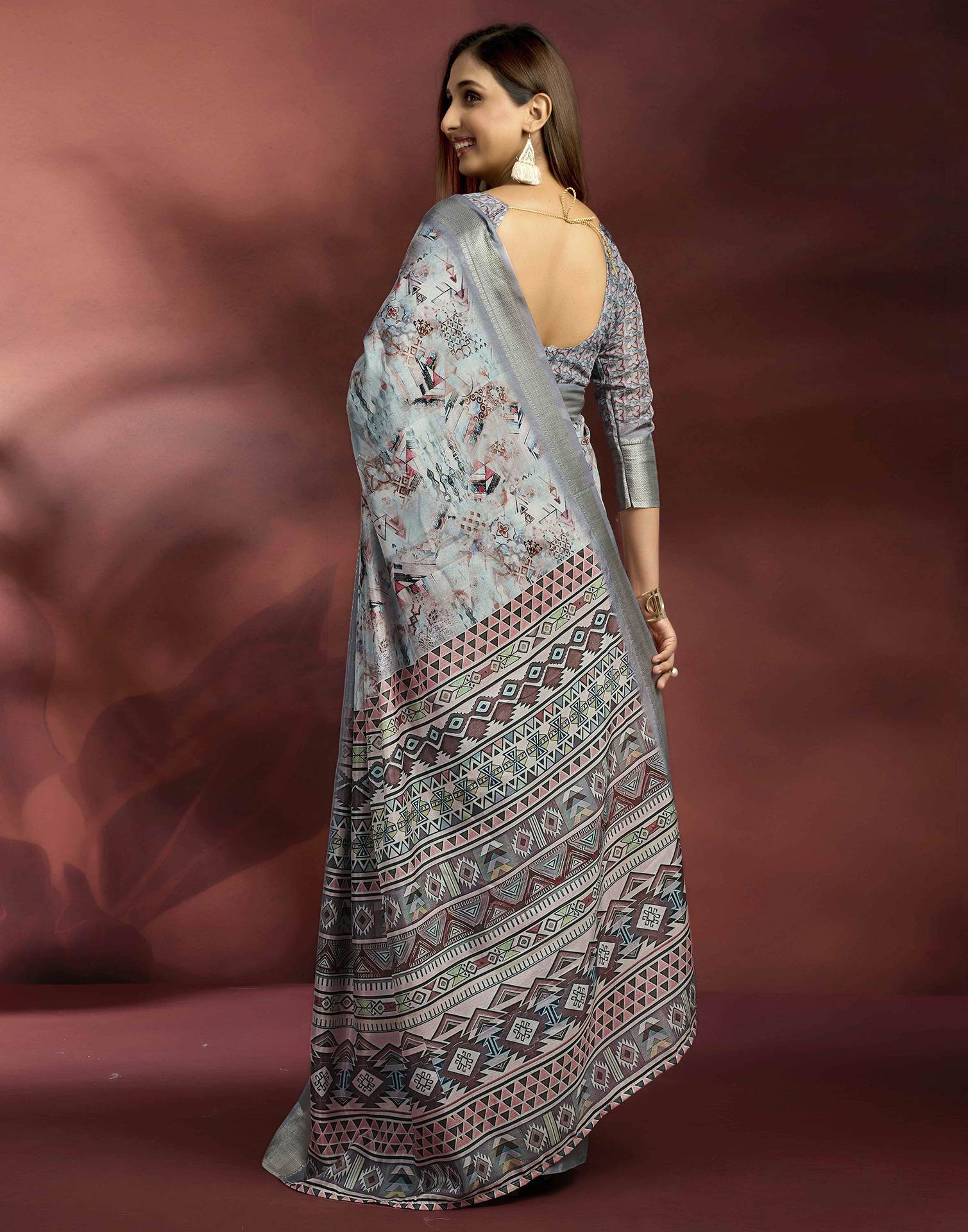 Ready To Wear Grey Dola Silk Printed Saree - Image 6