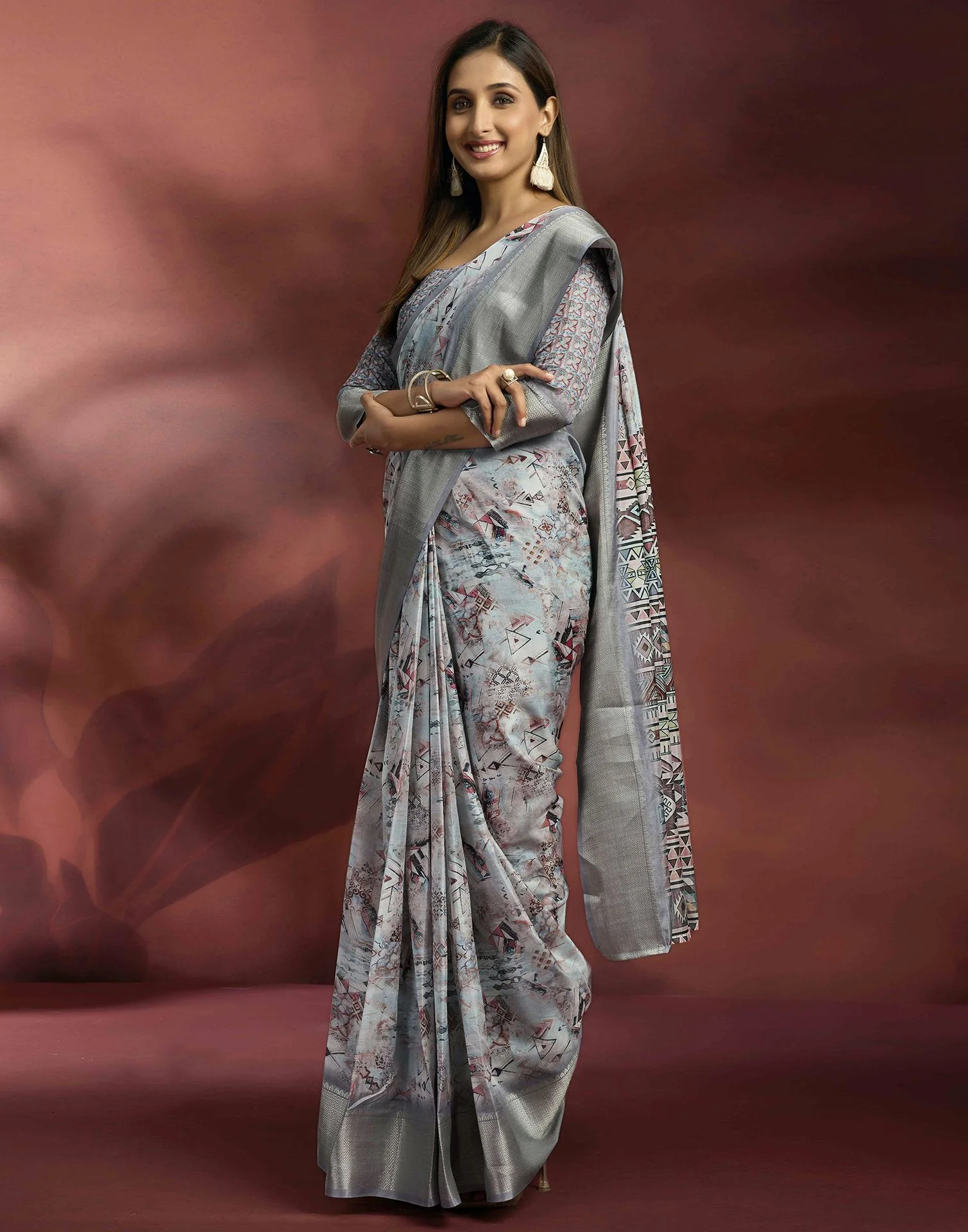 Ready To Wear Grey Dola Silk Printed Saree - Image 7