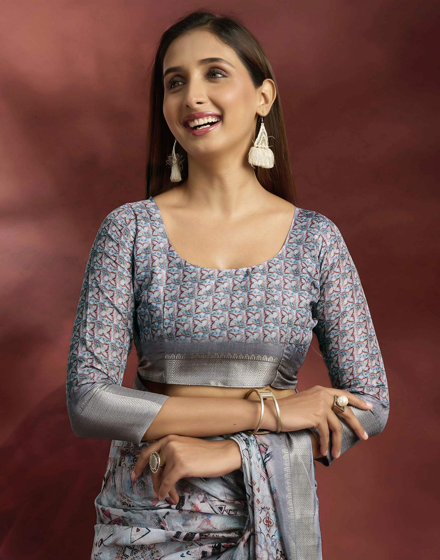 Ready To Wear Grey Dola Silk Printed Saree - Image 8