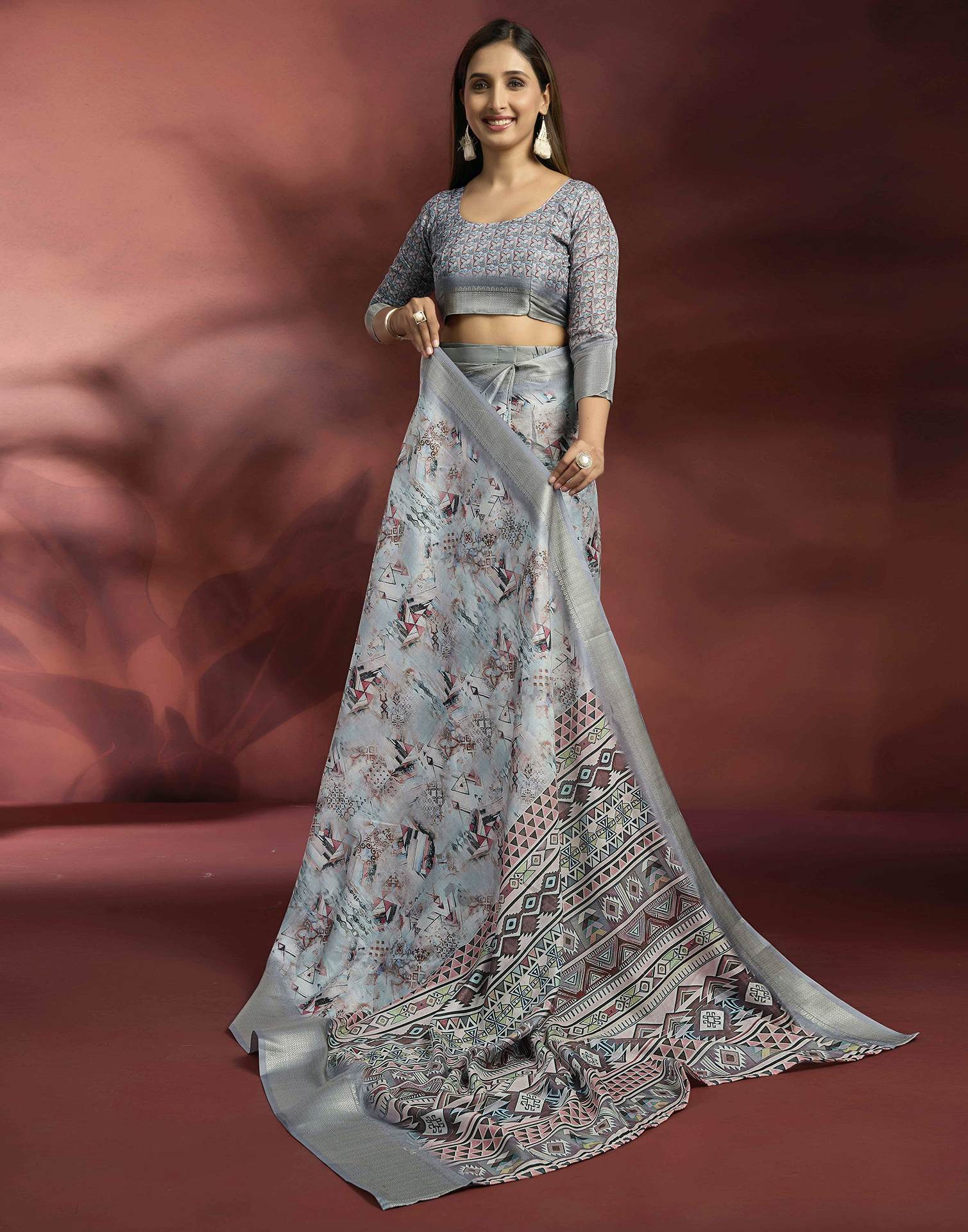 Ready To Wear Grey Dola Silk Printed Saree - Image 9