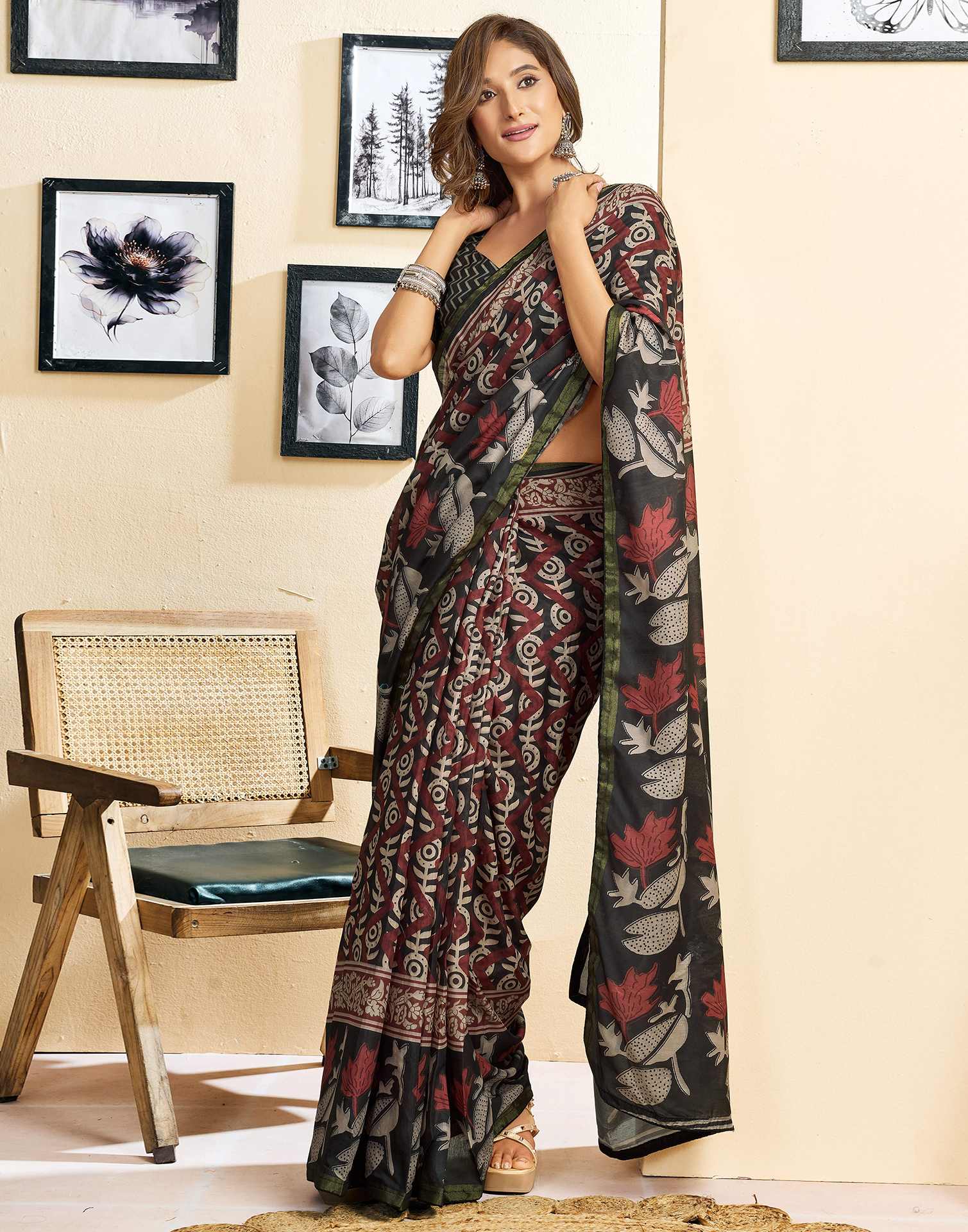 Ready To Wear Grey Linen Printed Saree - Image 7