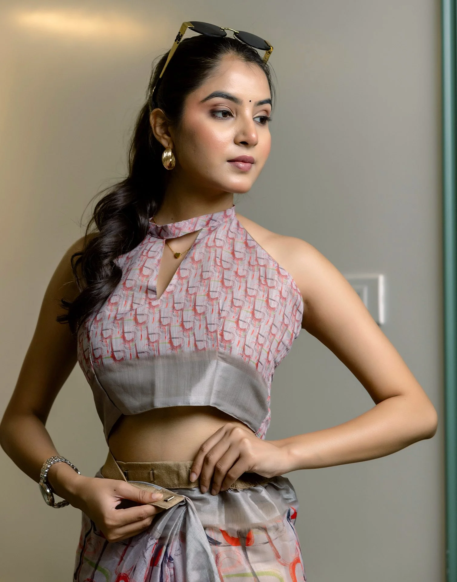 Ready To Wear Grey Linen Woven Border Printed Saree - Image 2