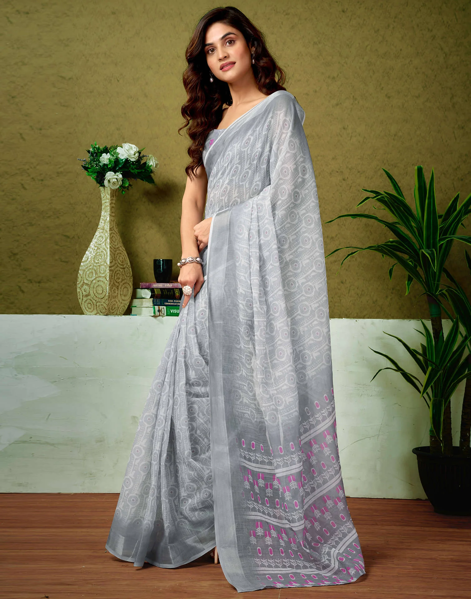 Ready To Wear Grey Linen Zari Printed Saree - Image 5