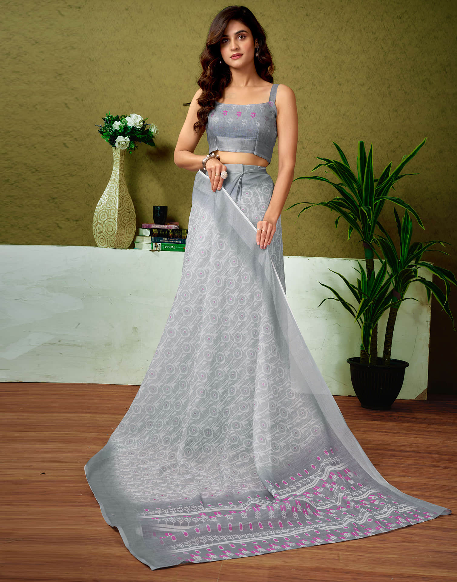 Ready To Wear Grey Linen Zari Printed Saree - Image 6