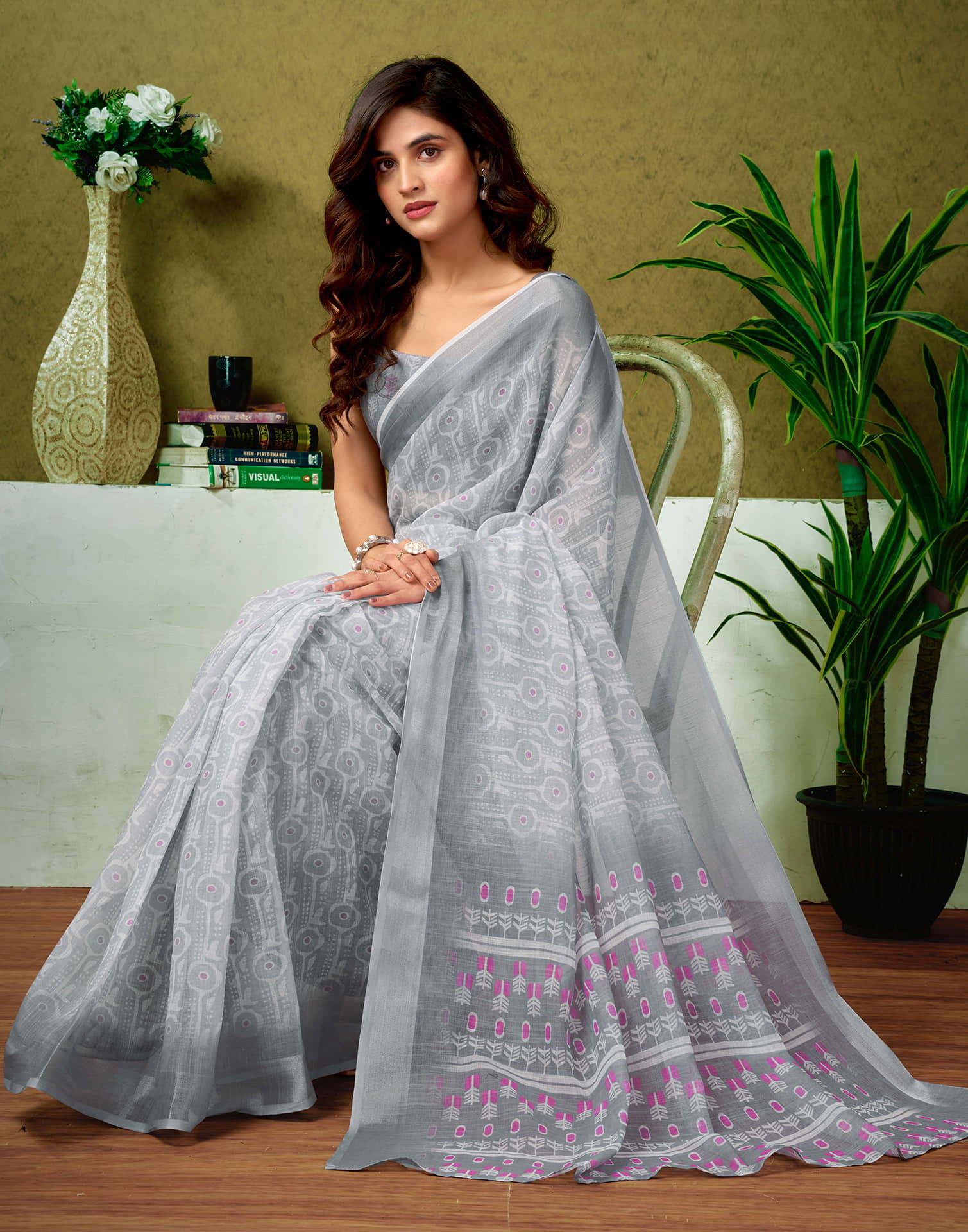 Ready To Wear Grey Linen Zari Printed Saree - Image 8