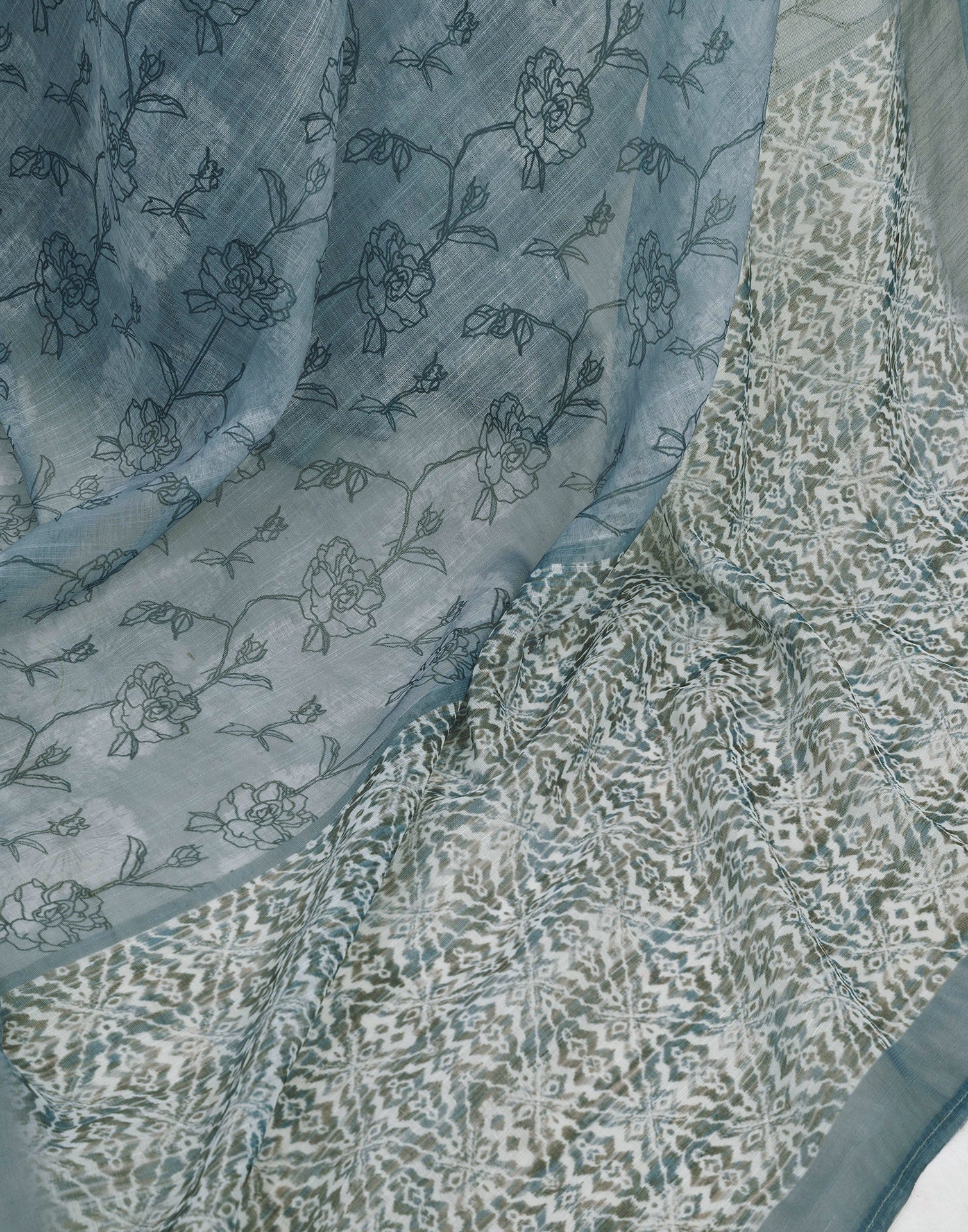 Ready To Wear Grey Linen Printed Saree - Image 11