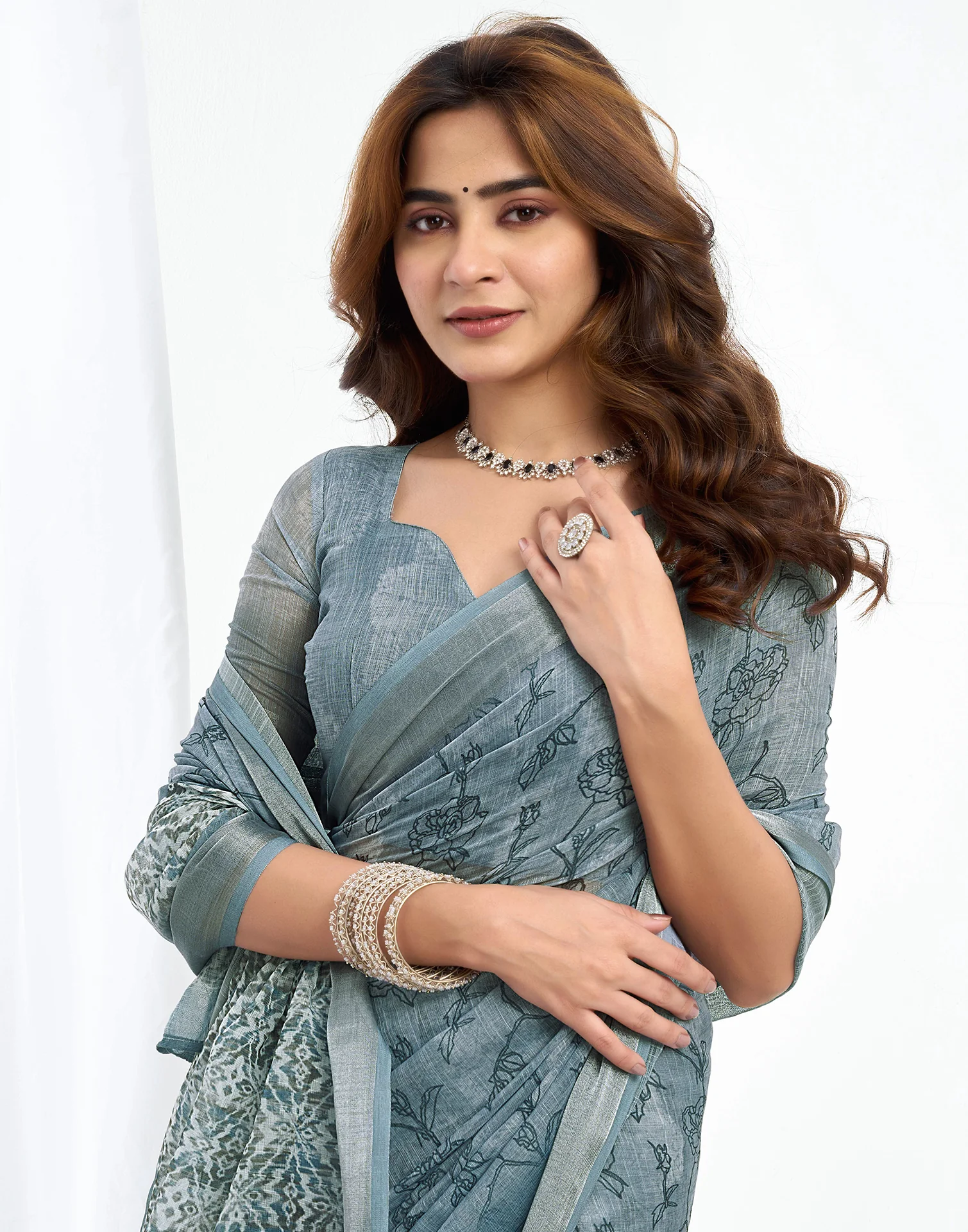 Ready To Wear Grey Linen Printed Saree - Image 5