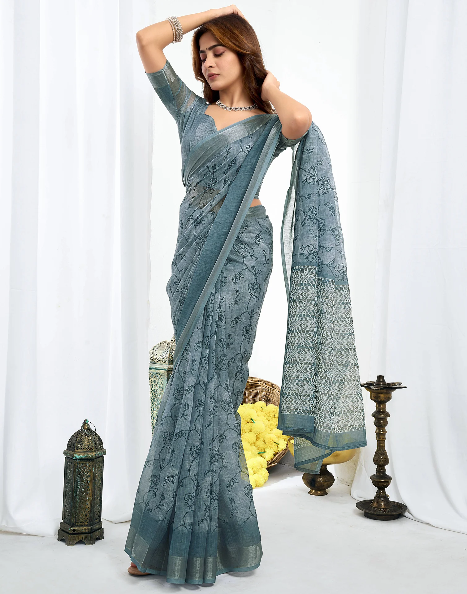 Ready To Wear Grey Linen Printed Saree - Image 8