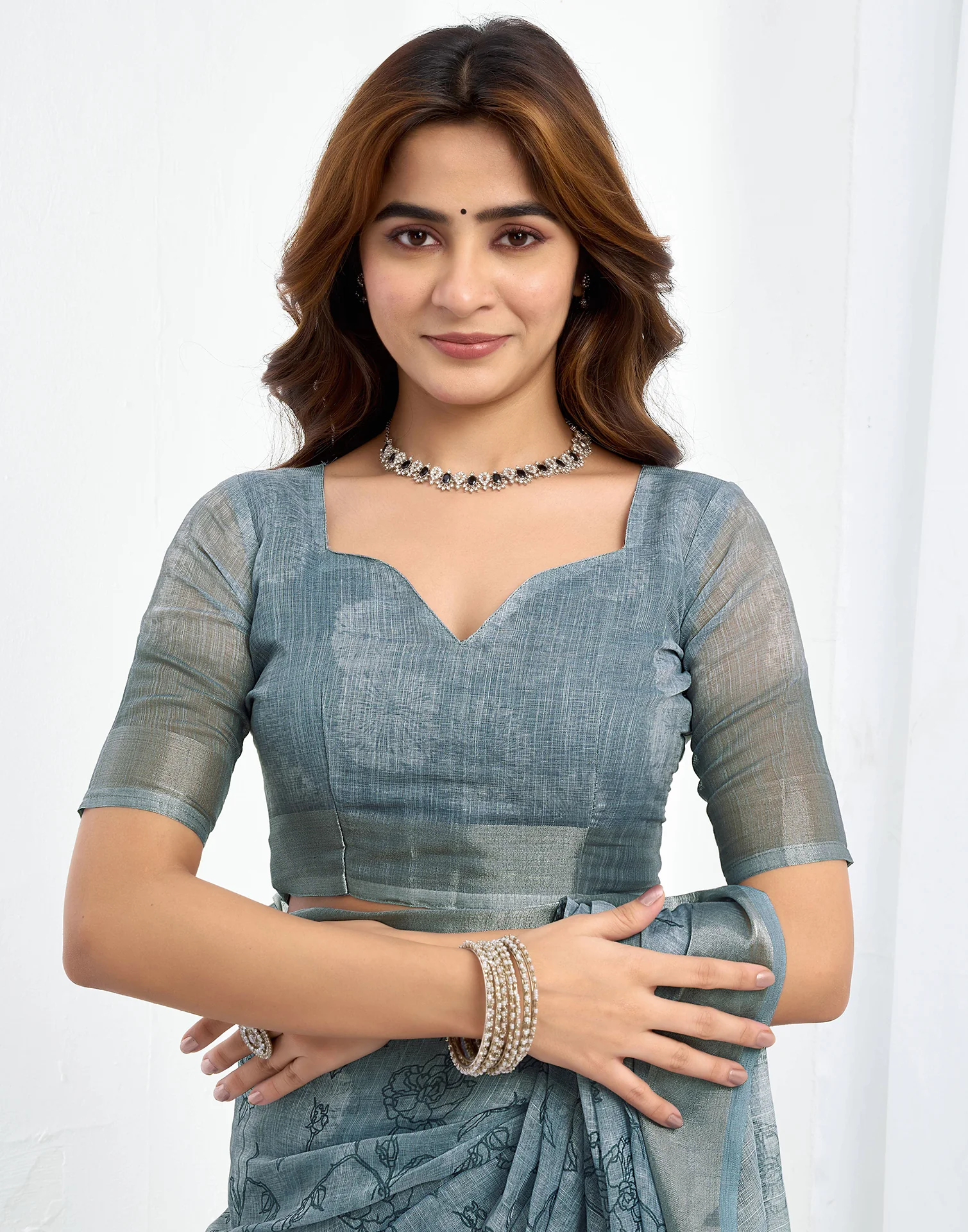 Ready To Wear Grey Linen Printed Saree - Image 9