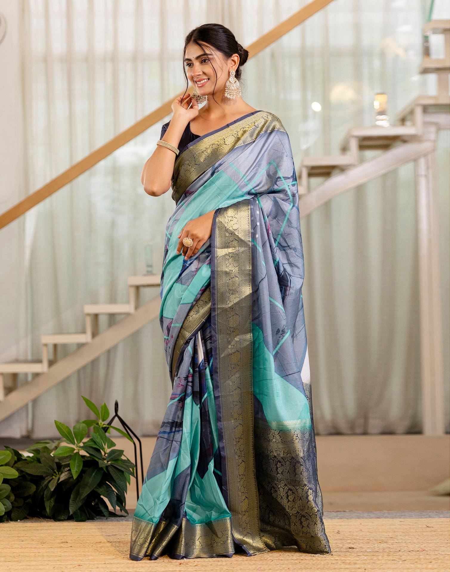 Ready To Wear Grey Silk Printed Saree
