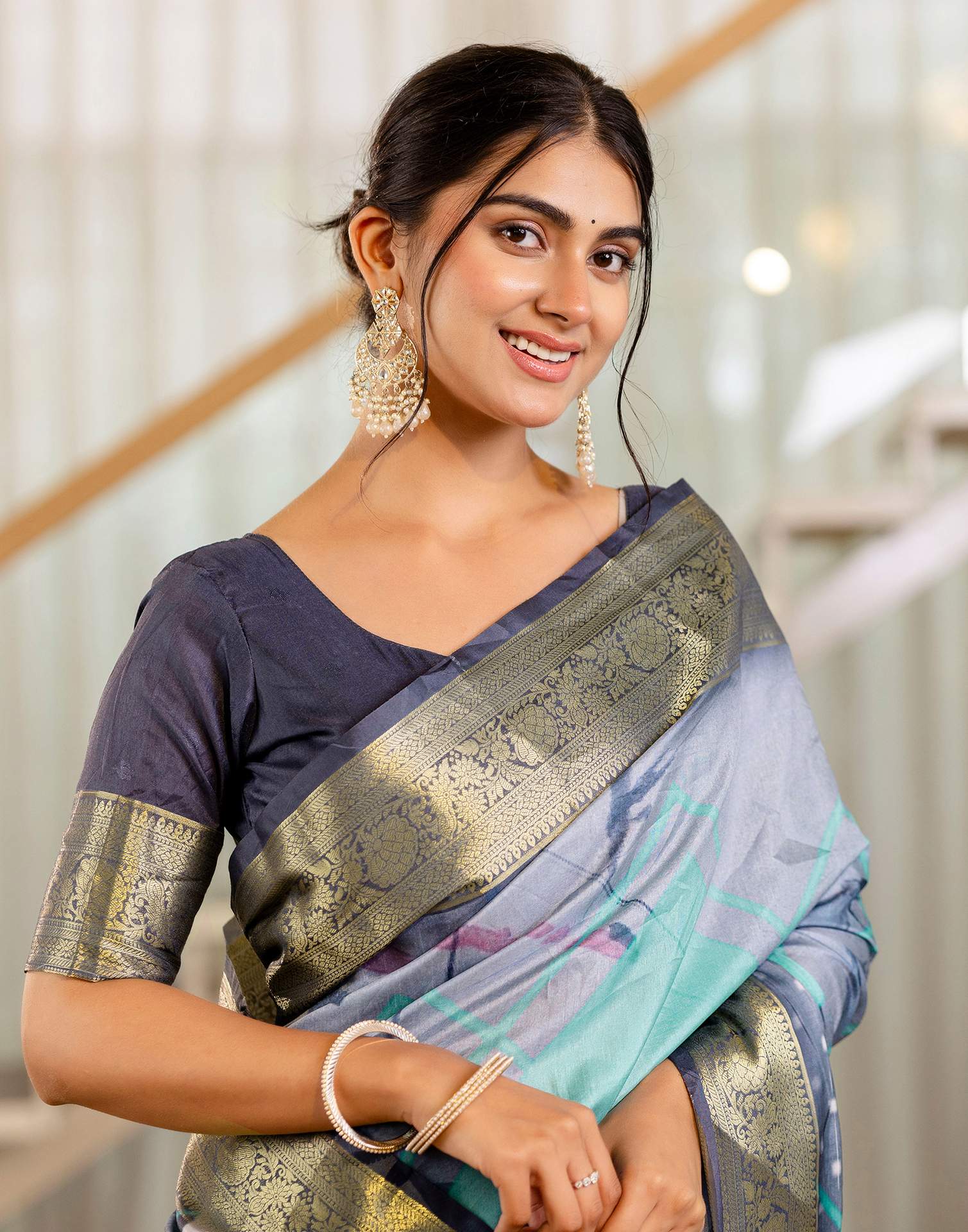 Ready To Wear Grey Silk Printed Saree - Image 4