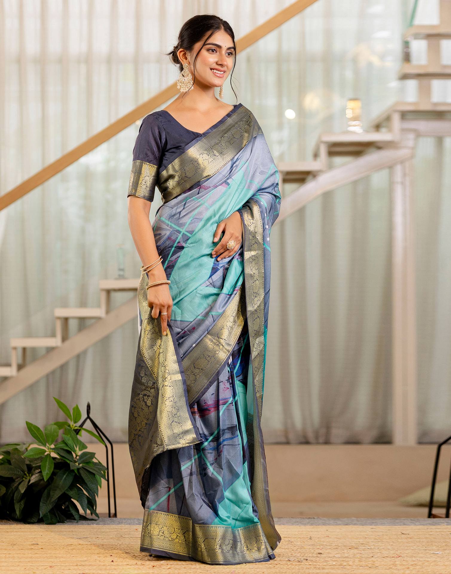 Ready To Wear Grey Silk Printed Saree - Image 6