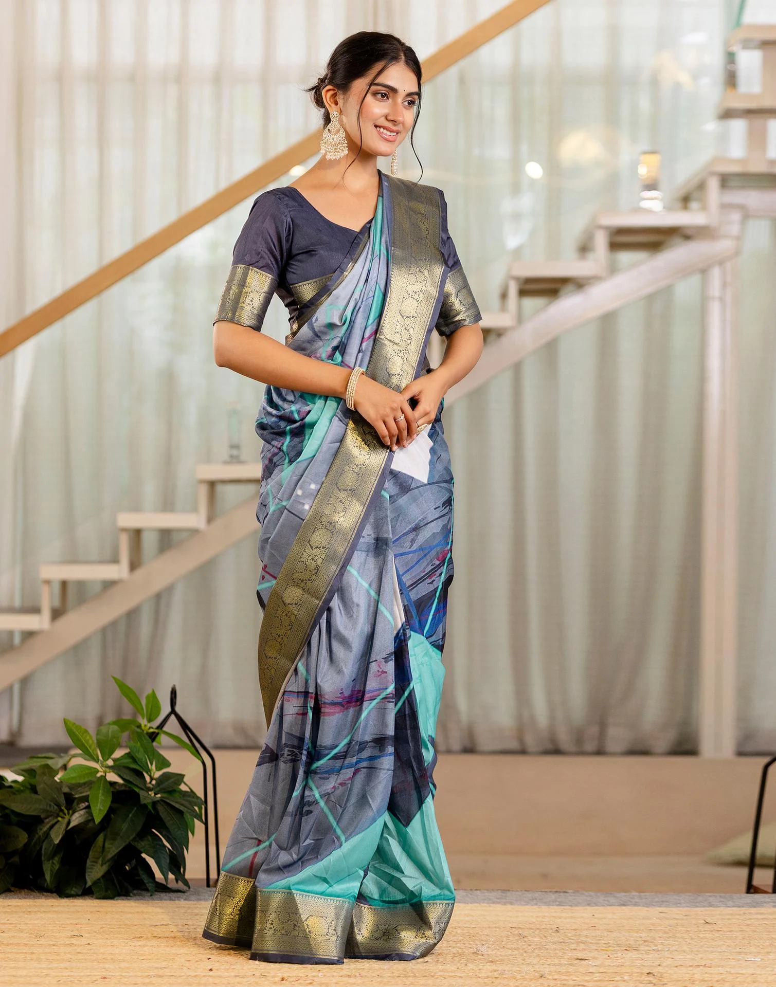 Ready To Wear Grey Silk Printed Saree - Image 7