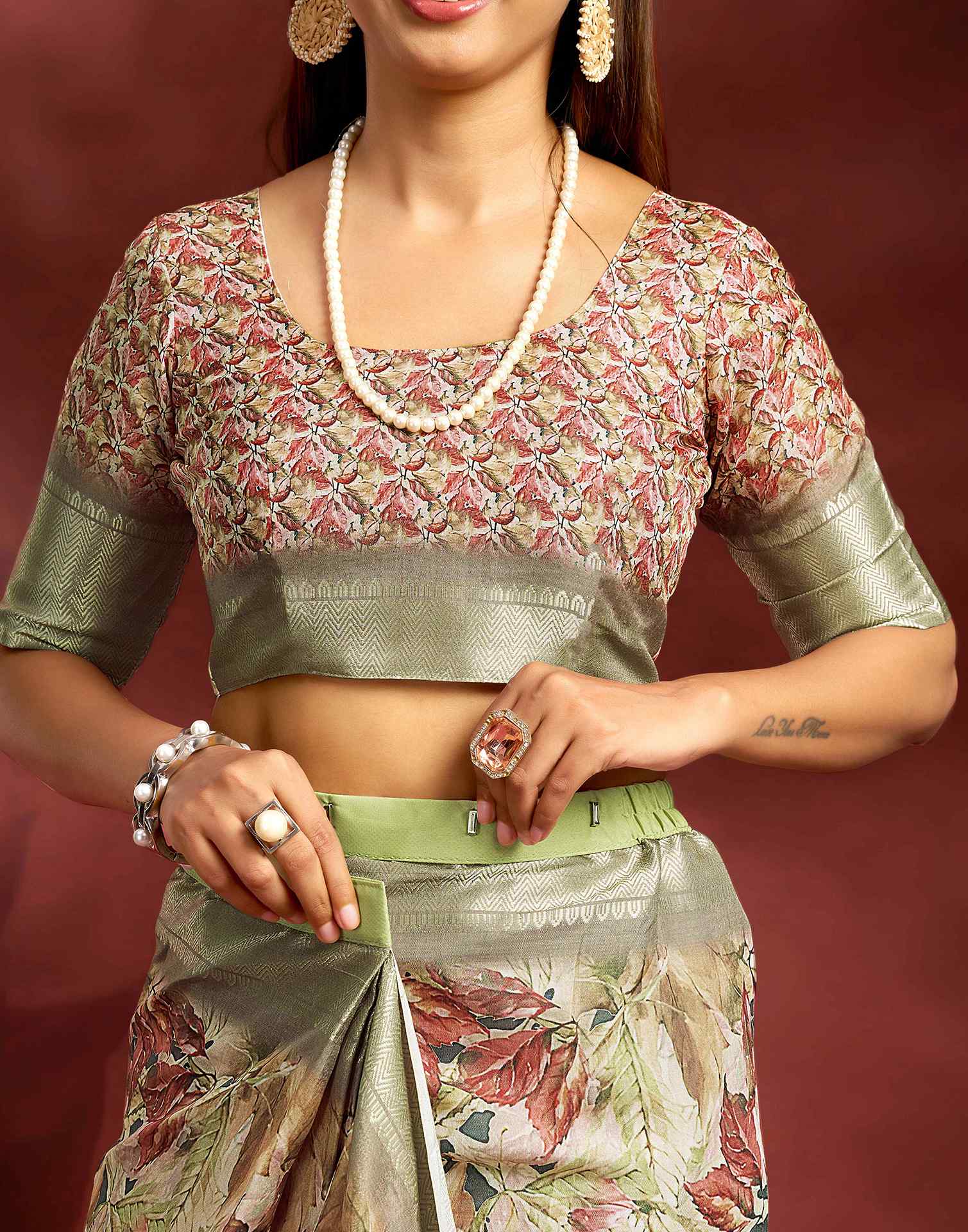 Ready To Wear Khaki Dola Silk Printed Saree - Image 2