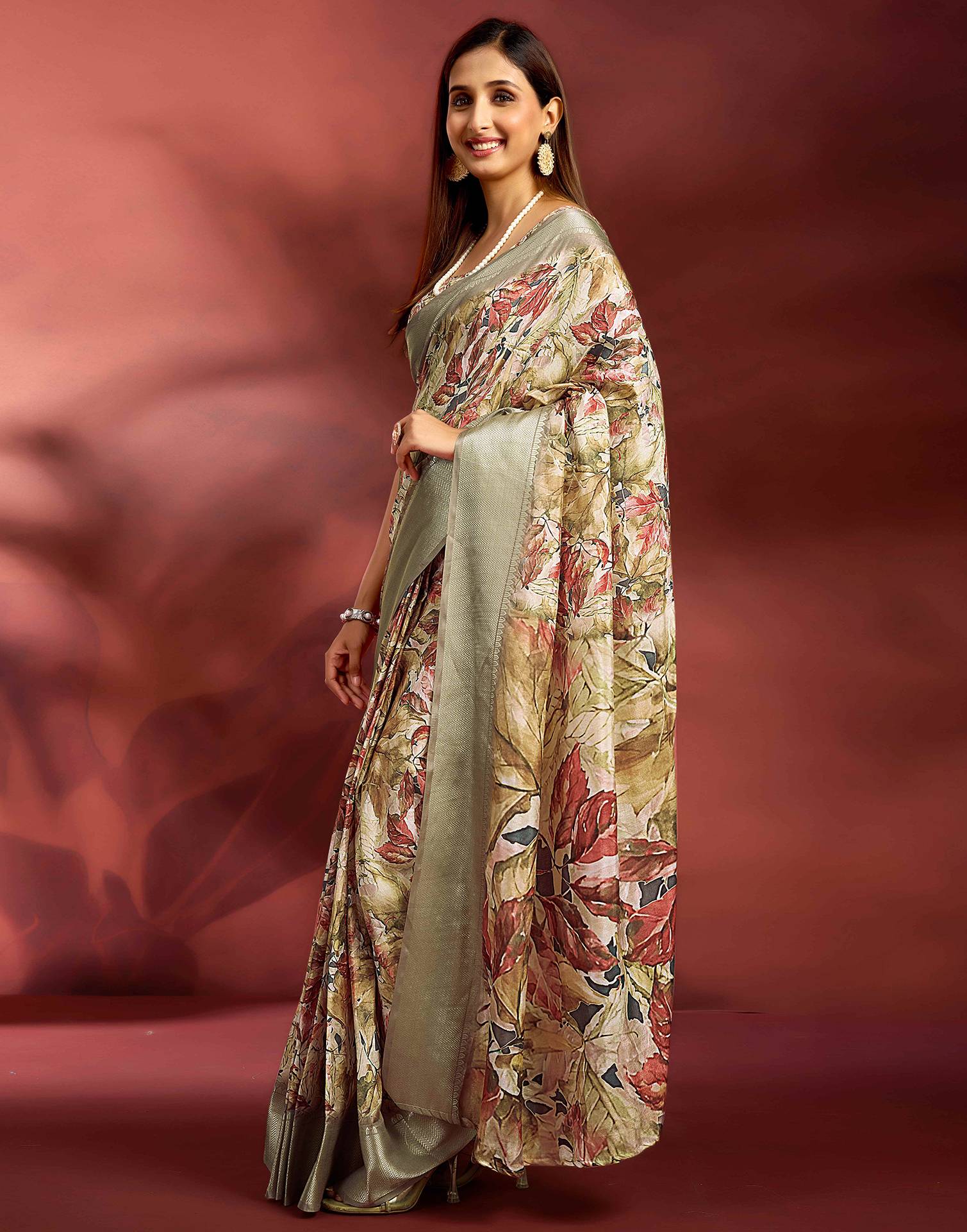Ready To Wear Khaki Dola Silk Printed Saree - Image 4