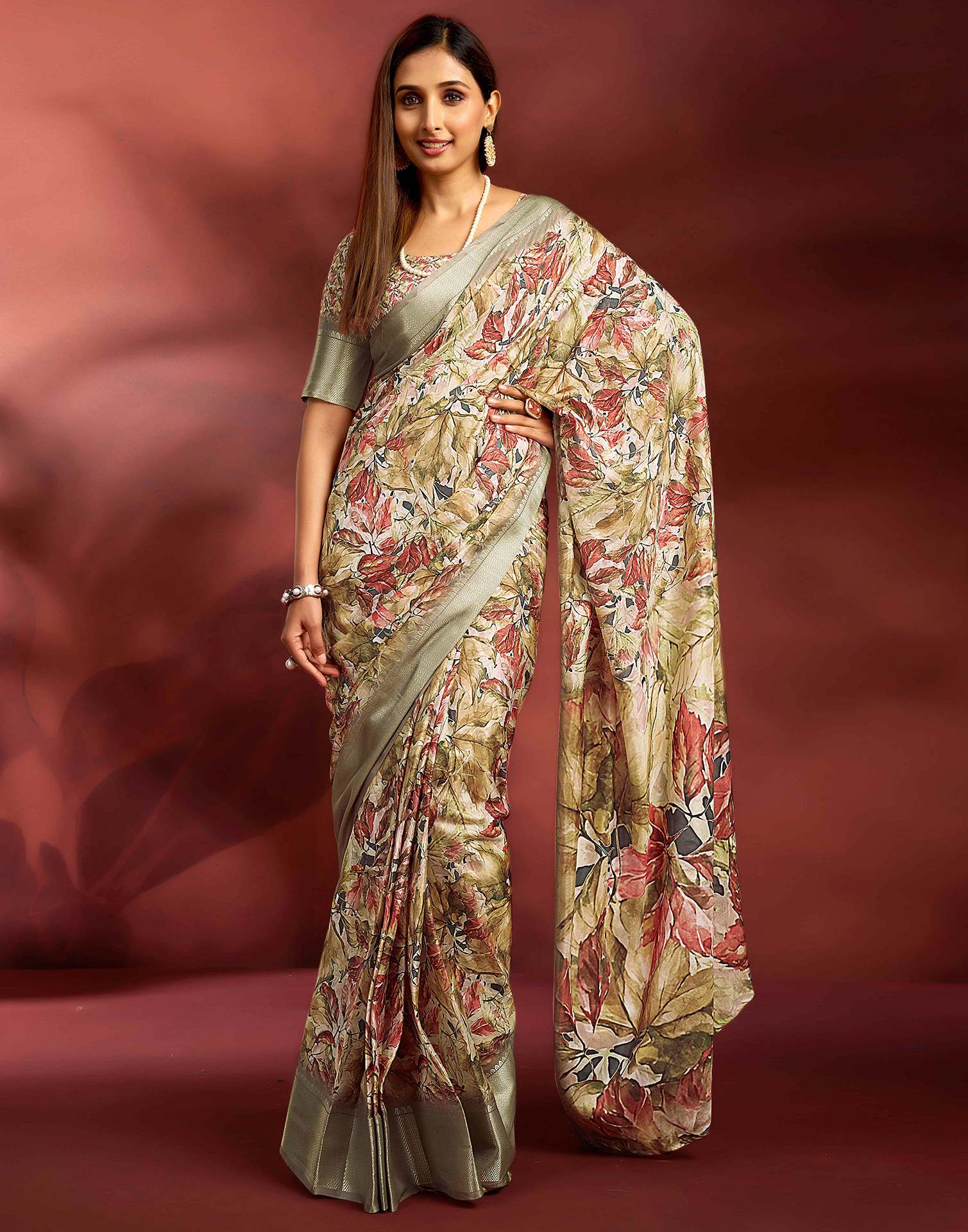 Ready To Wear Khaki Dola Silk Printed Saree - Image 5