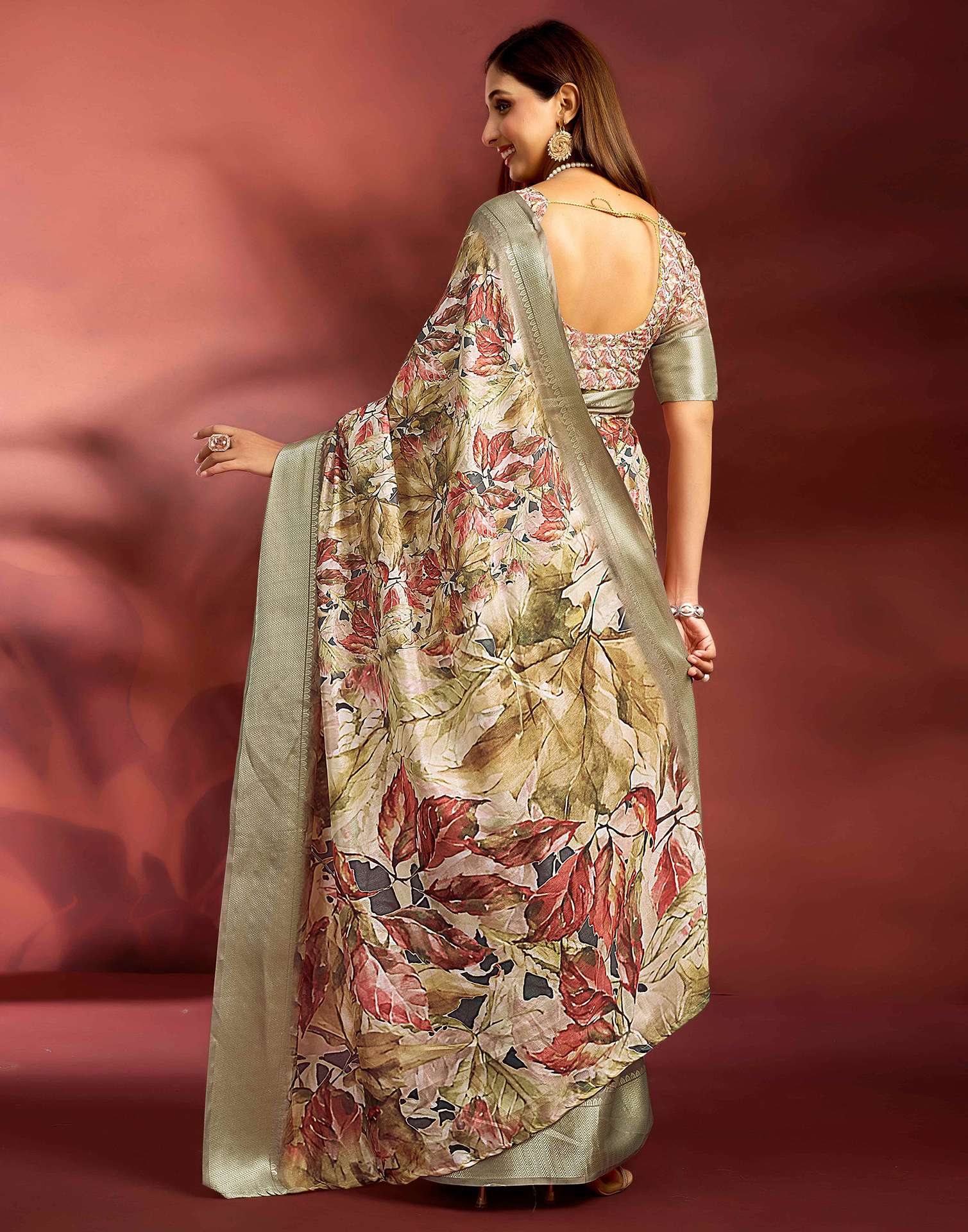 Ready To Wear Khaki Dola Silk Printed Saree - Image 6