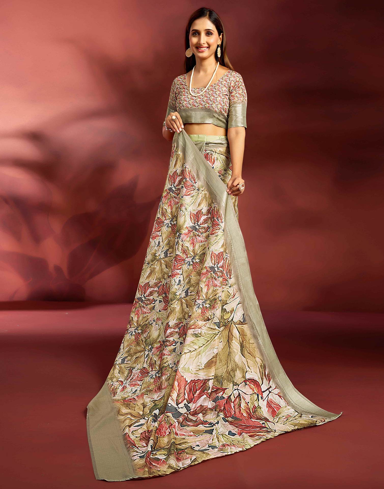 Ready To Wear Khaki Dola Silk Printed Saree - Image 8