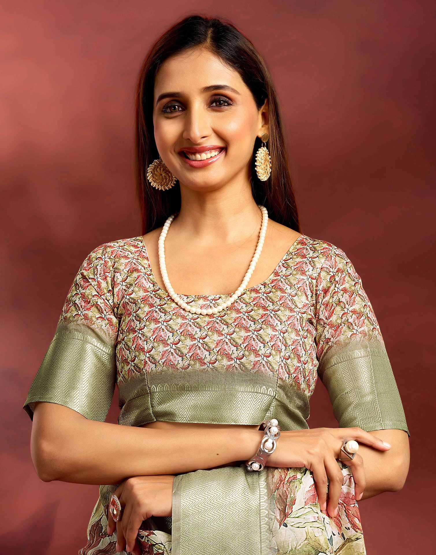 Ready To Wear Khaki Dola Silk Printed Saree - Image 9