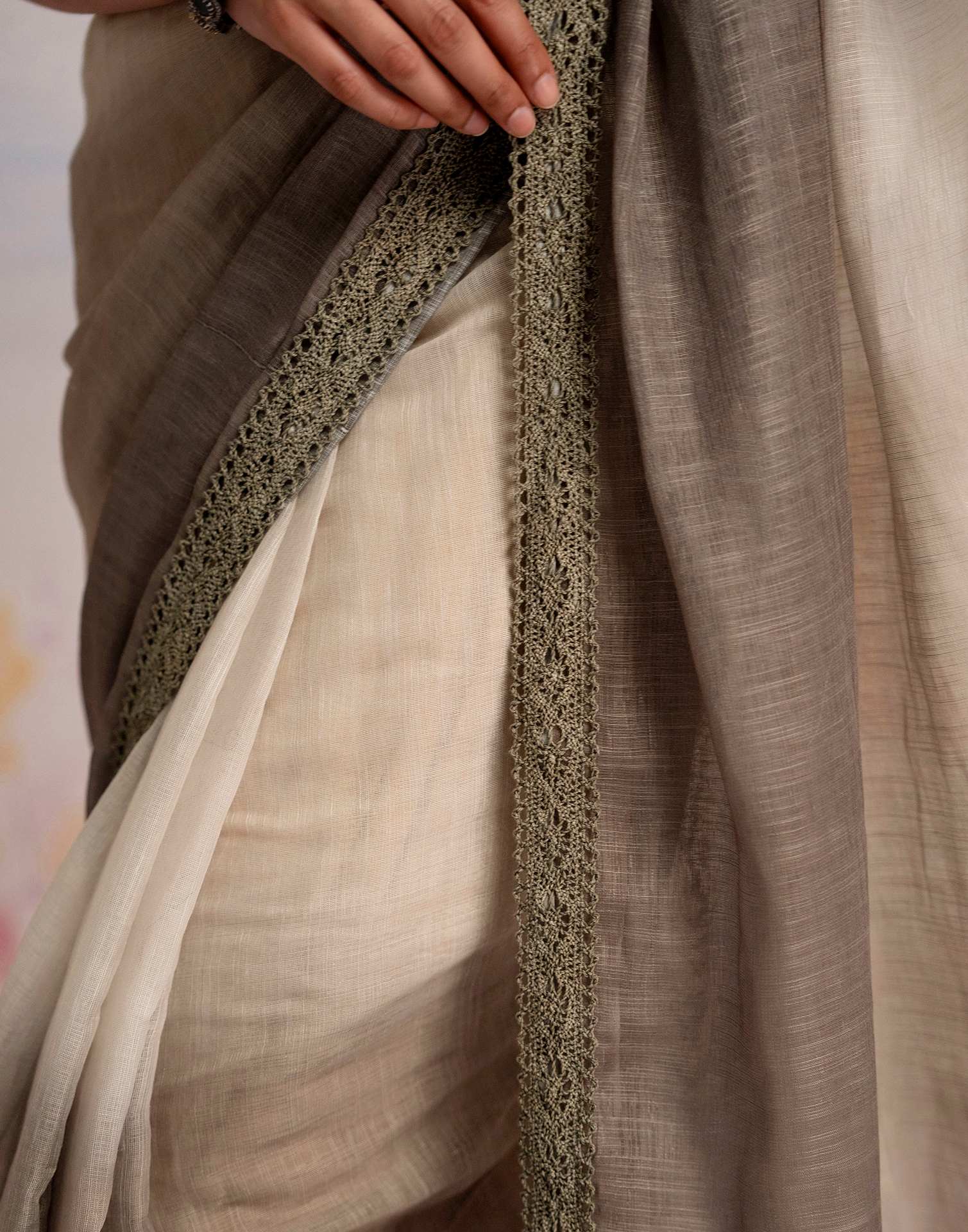 Ready To Wear Khaki Linen Ombre Lace Saree With Pocket - Image 12
