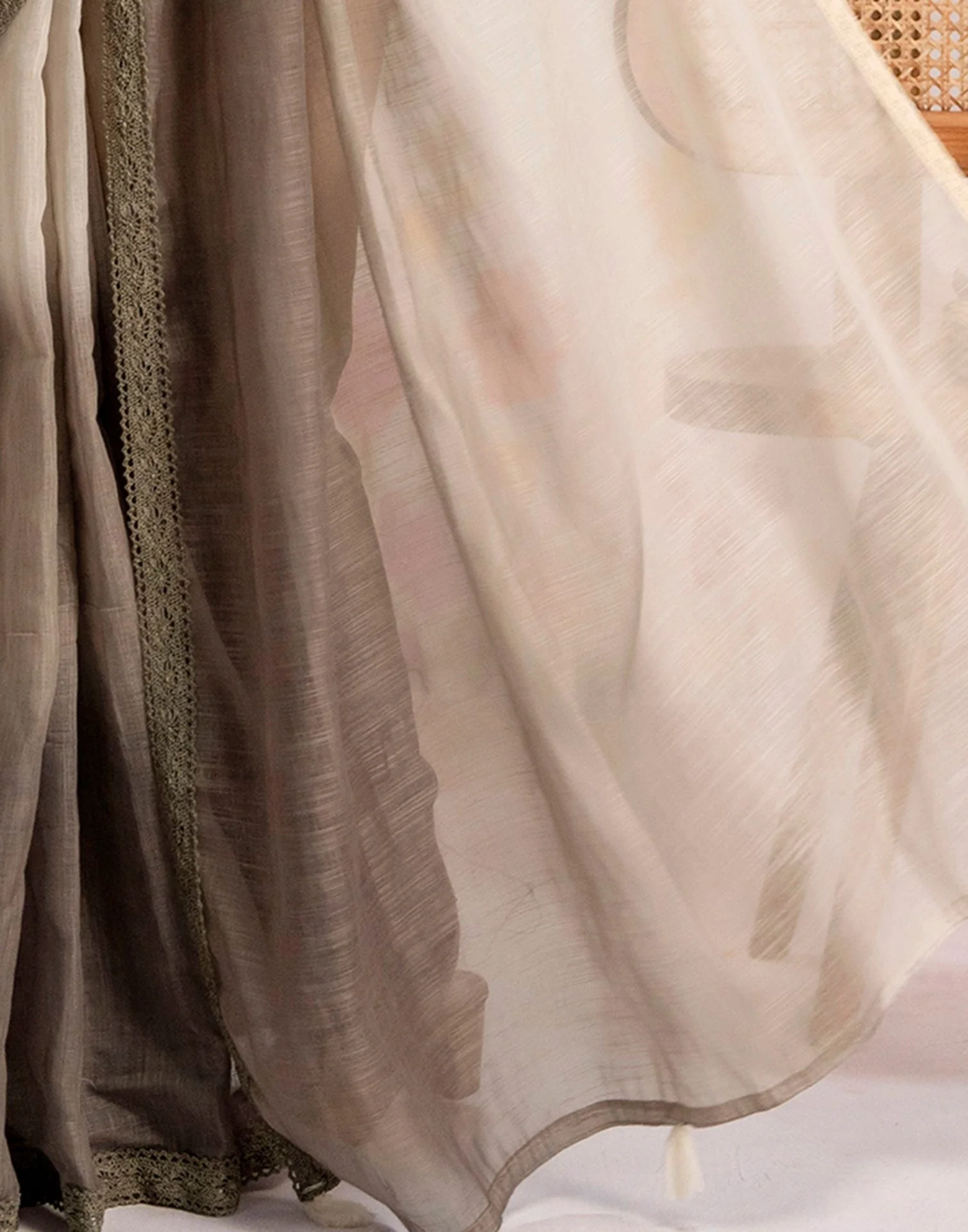 Ready To Wear Khaki Linen Ombre Lace Saree With Pocket - Image 13