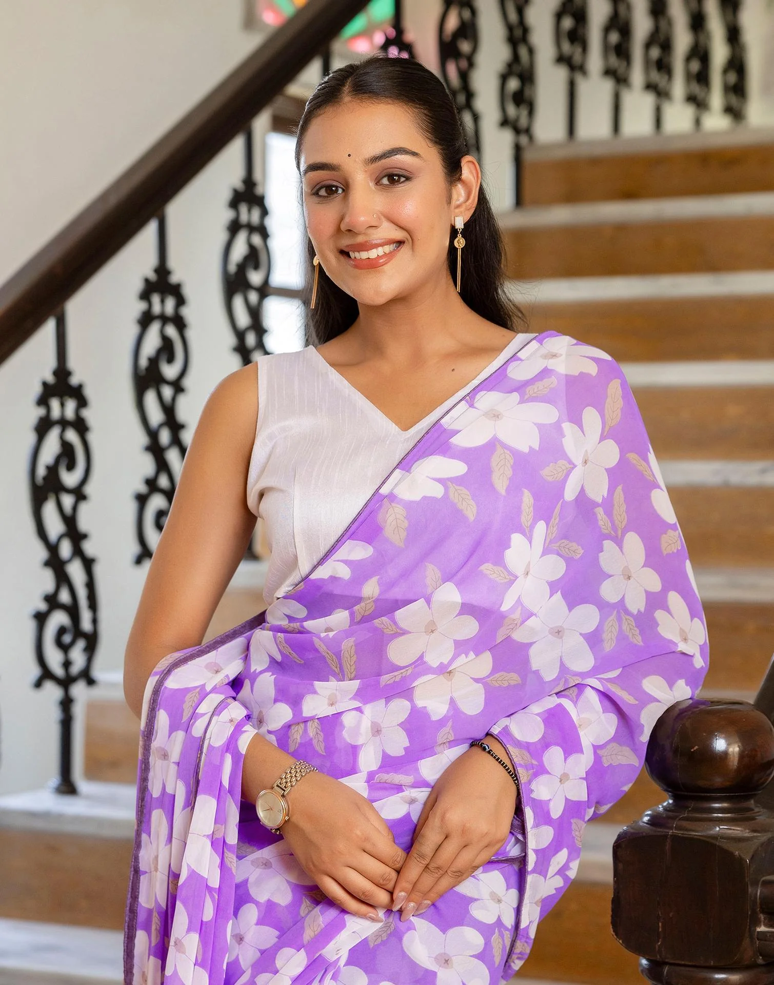 Ready To Wear Lavender Georgette Floral Printed Saree - Image 4