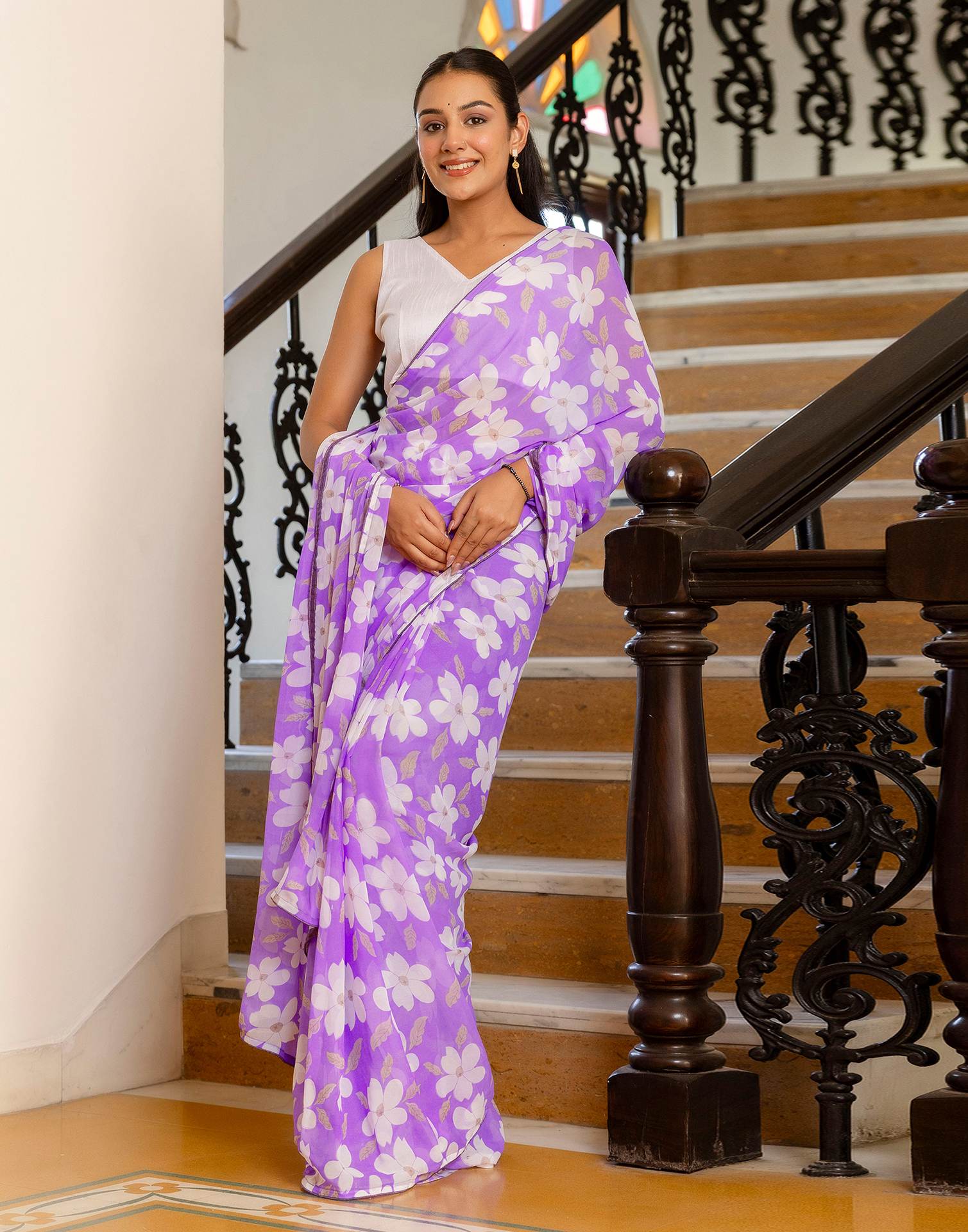 Ready To Wear Lavender Georgette Floral Printed Saree - Image 8