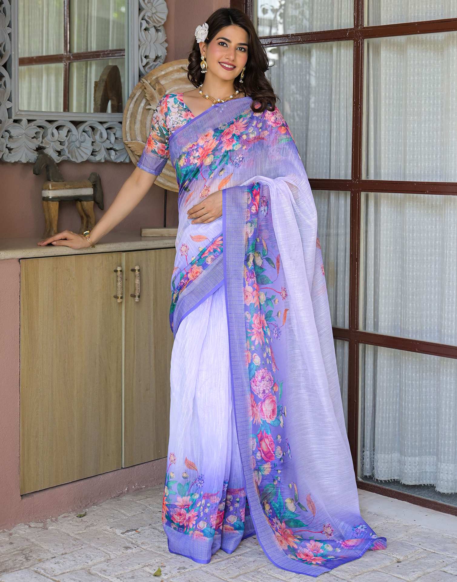 Ready To Wear Lavender Linen Floral Printed Saree - Image 10