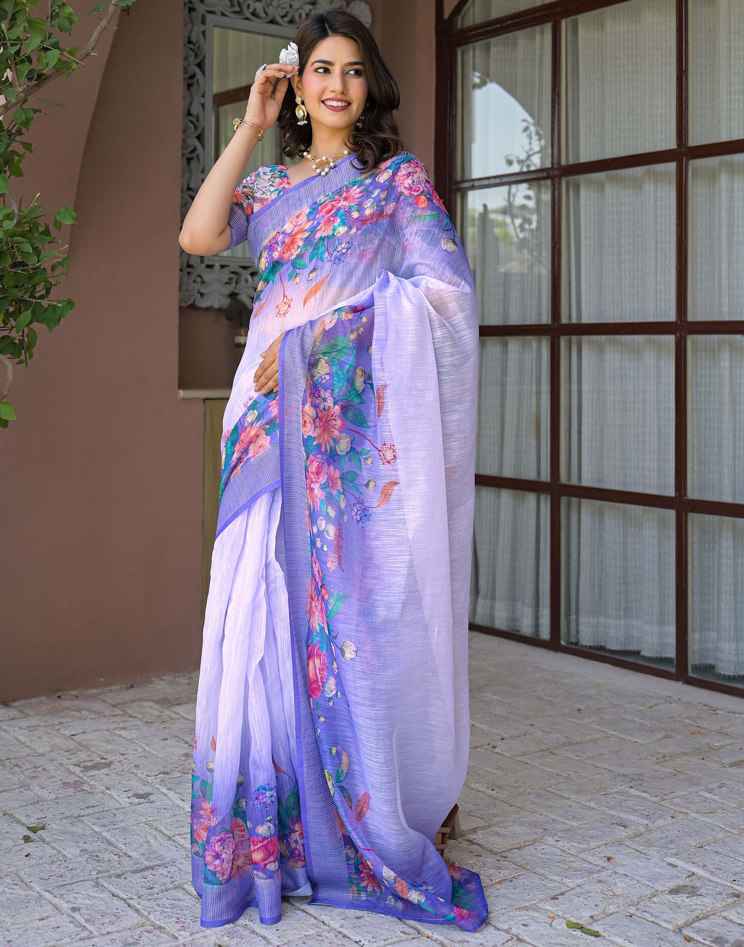 Ready To Wear Lavender Linen Floral Printed Saree - Image 5