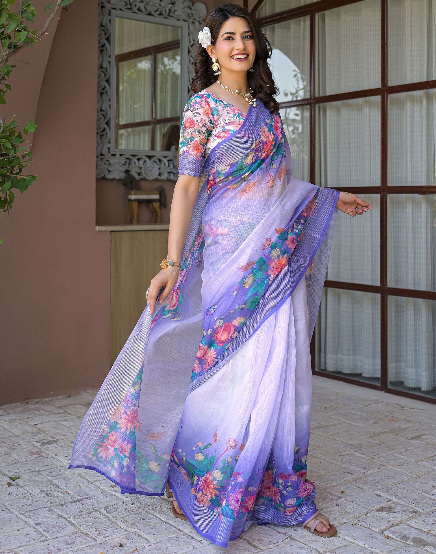 Ready To Wear Lavender Linen Floral Printed Saree - Image 6