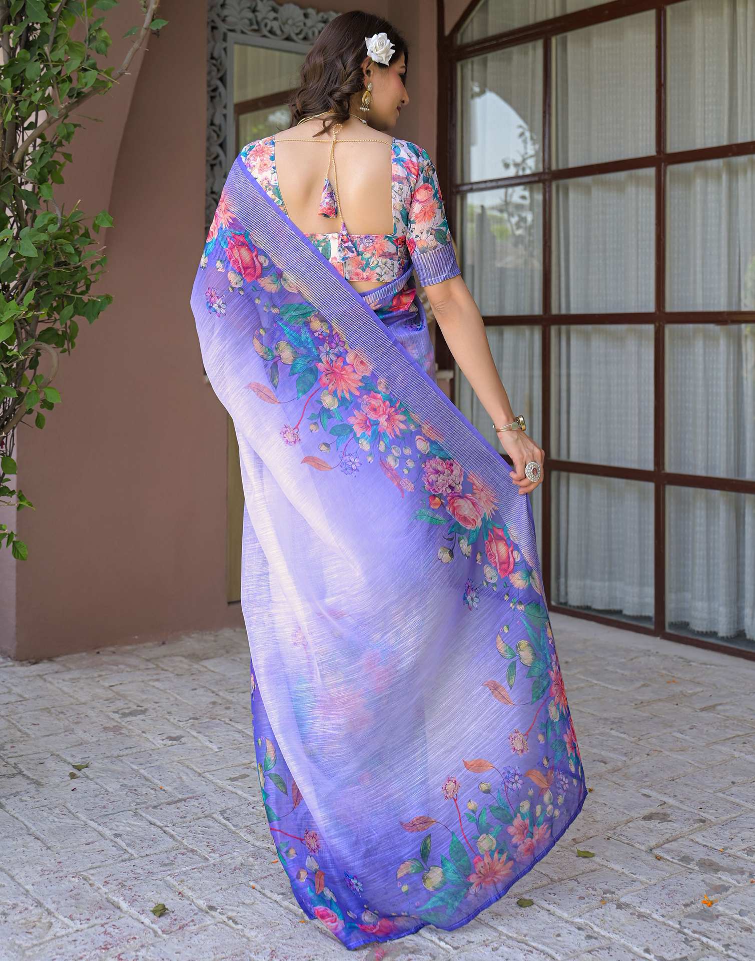 Ready To Wear Lavender Linen Floral Printed Saree - Image 7