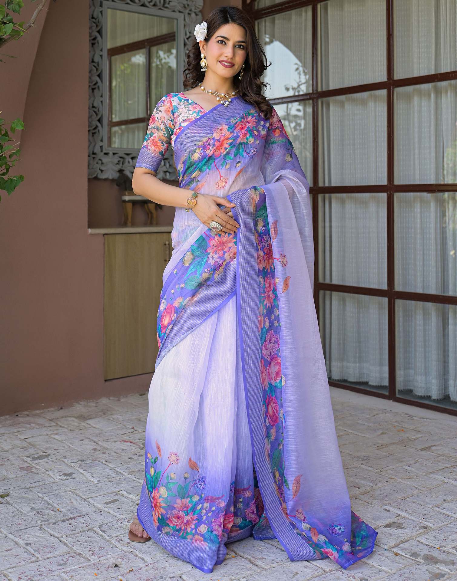 Ready To Wear Lavender Linen Floral Printed Saree - Image 9