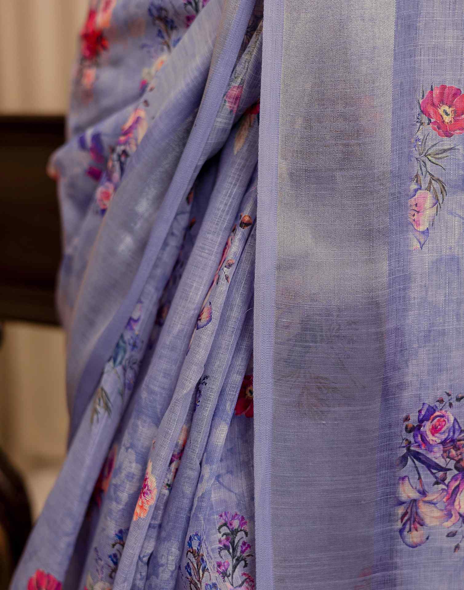Ready To Wear Lavender Linen Woven Border Floral Printed Saree - Image 10