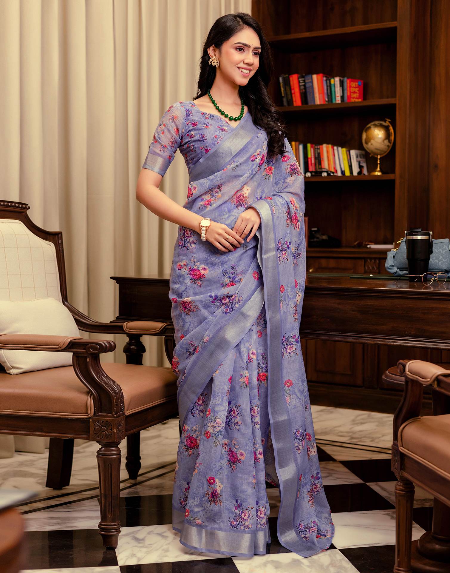 Ready To Wear Lavender Linen Woven Border Floral Printed Saree - Image 4