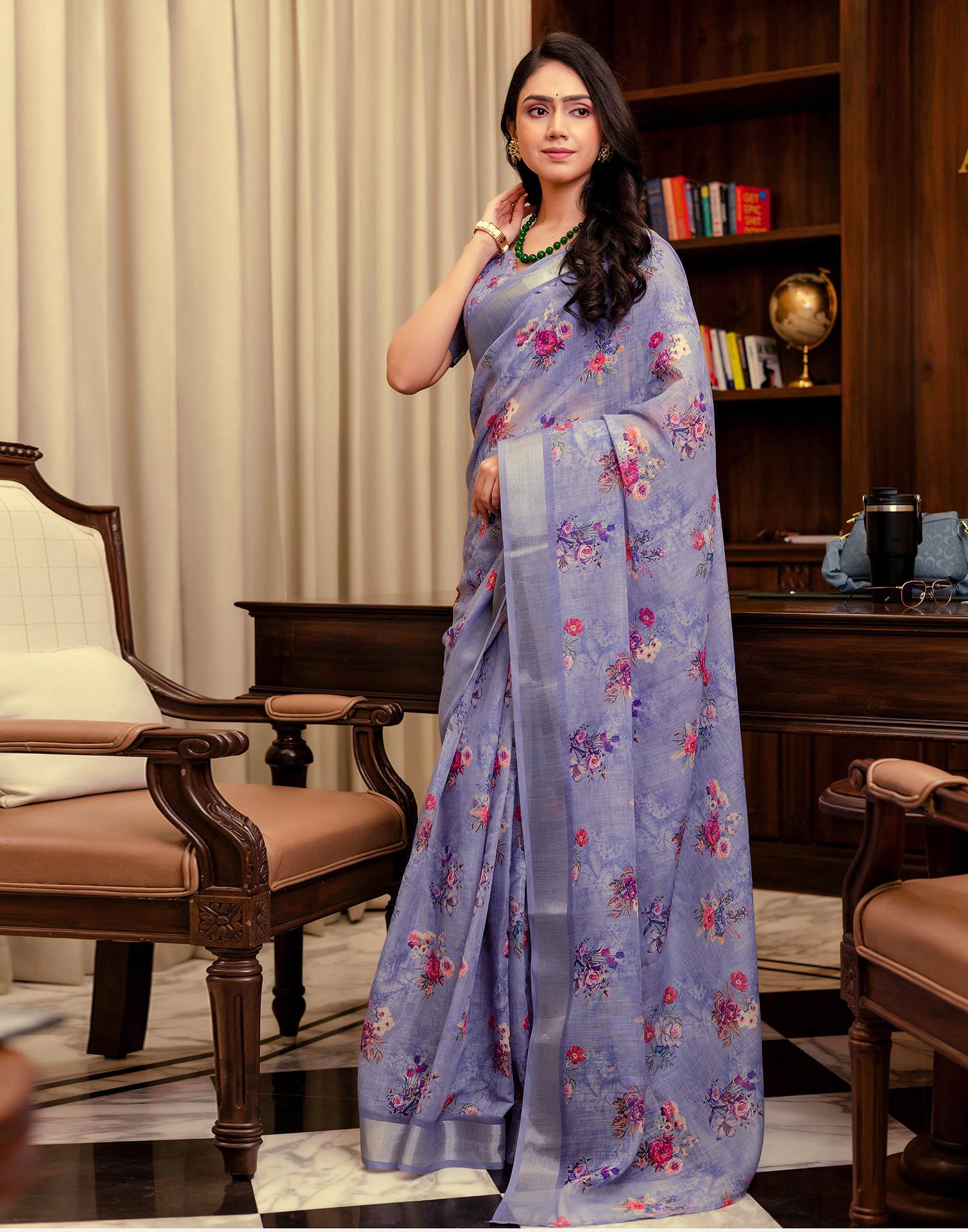Ready To Wear Lavender Linen Woven Border Floral Printed Saree - Image 6
