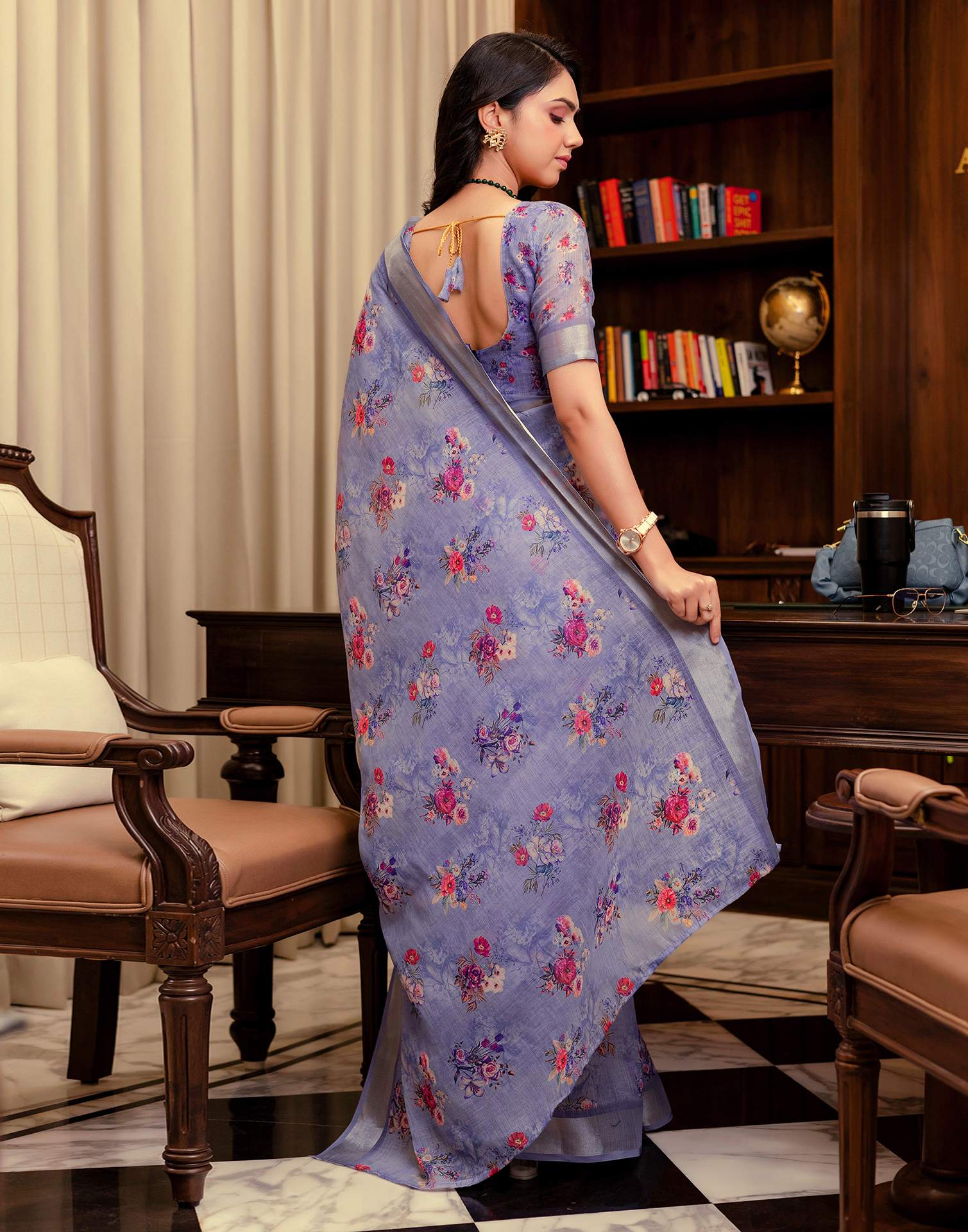 Ready To Wear Lavender Linen Woven Border Floral Printed Saree - Image 7