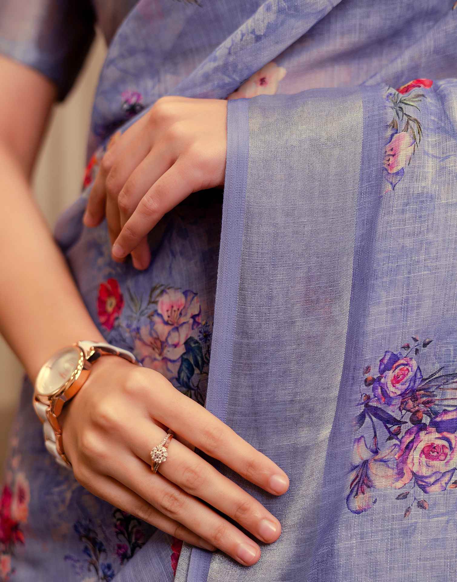Ready To Wear Lavender Linen Woven Border Floral Printed Saree - Image 8