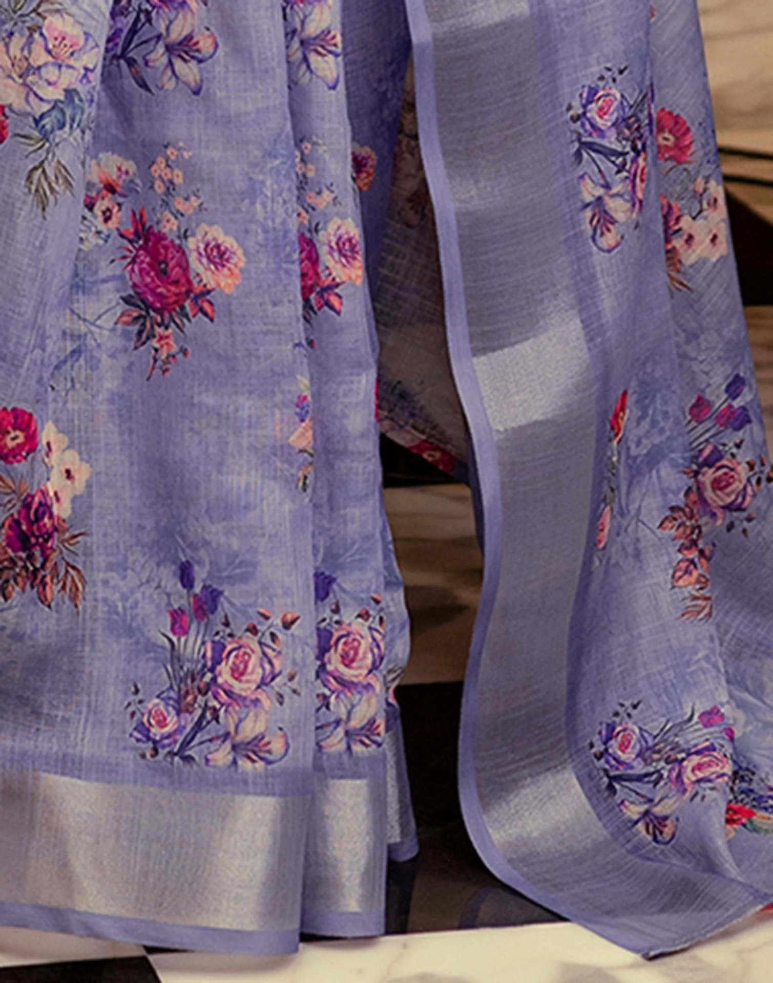 Ready To Wear Lavender Linen Woven Border Floral Printed Saree - Image 9