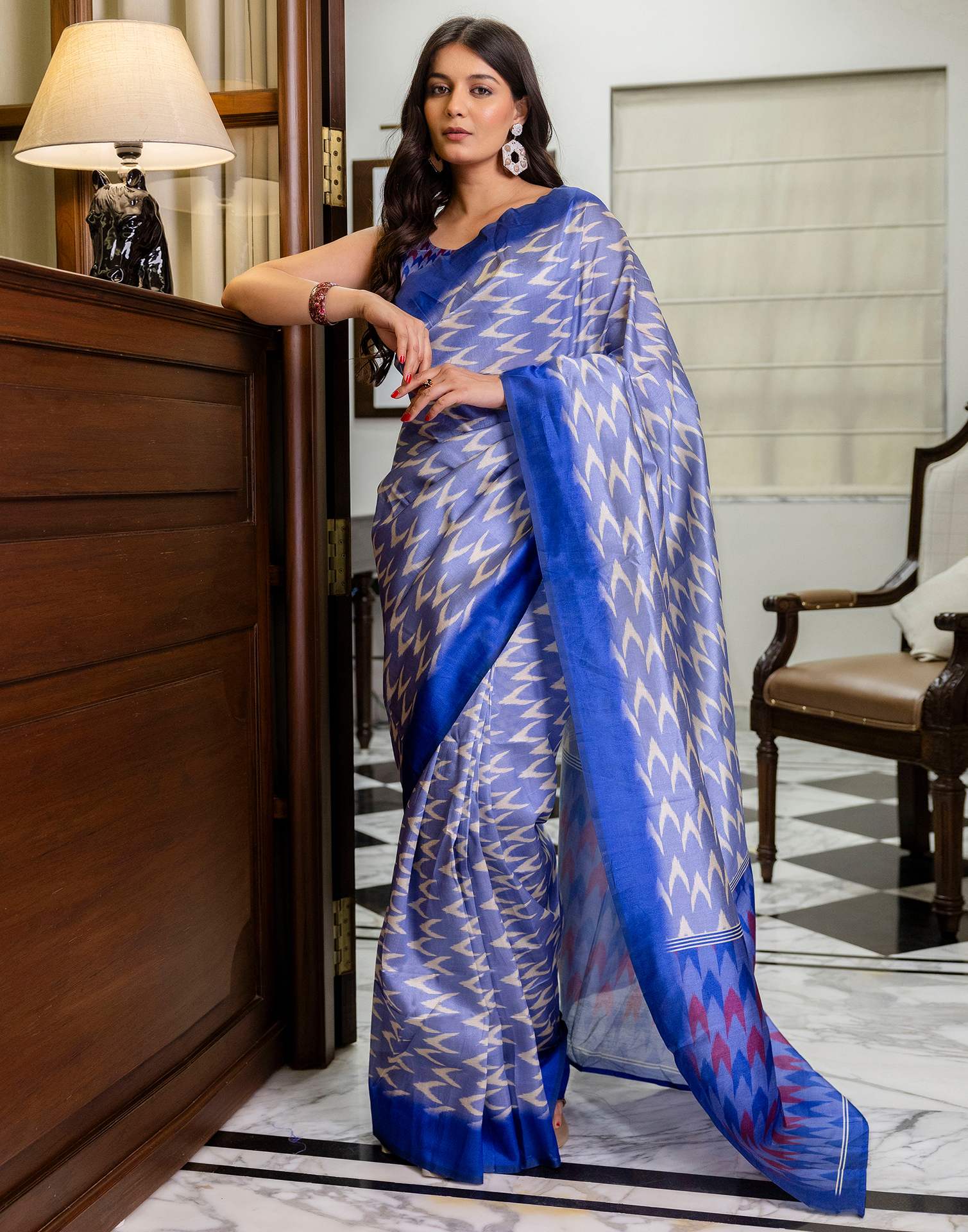 Ready To Wear Lavender Silk Ikkat Printed Saree - Image 2